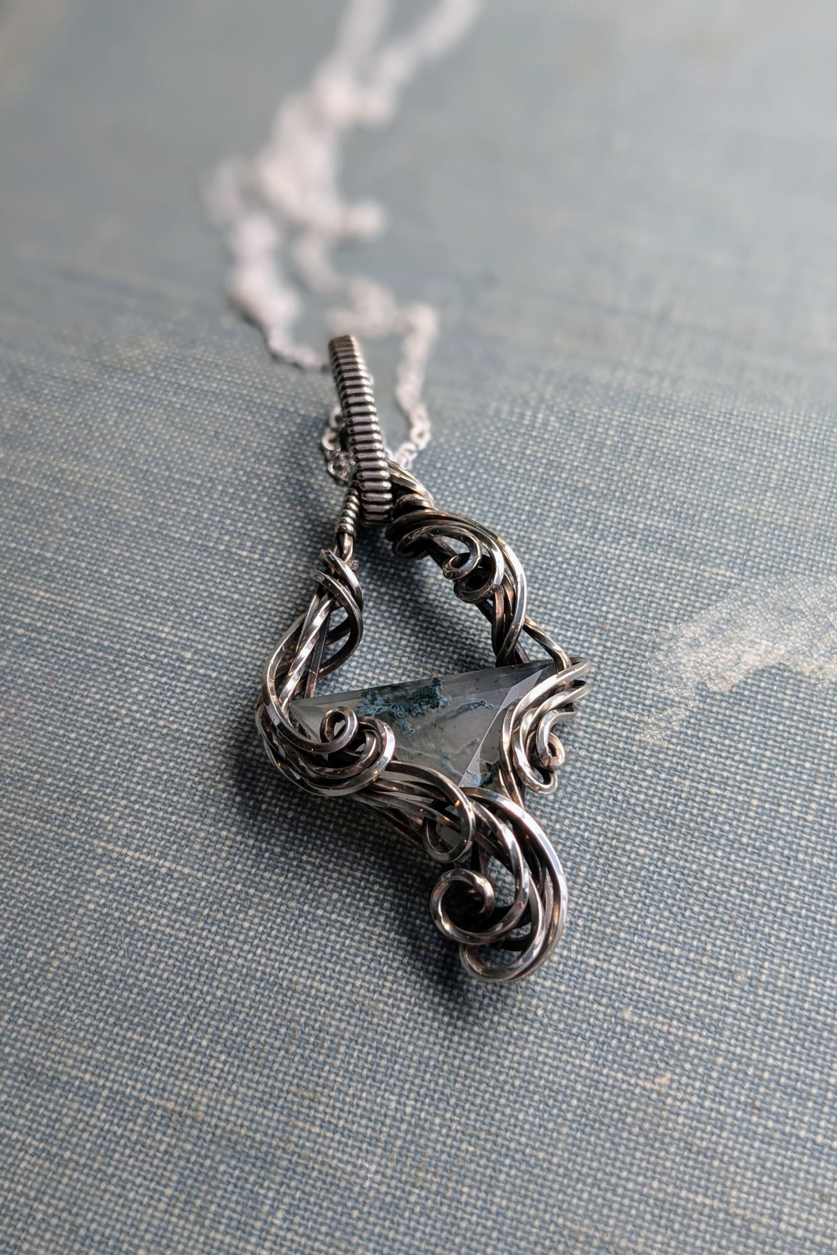 Moss Agate and Sterling Silver Vine Pendant