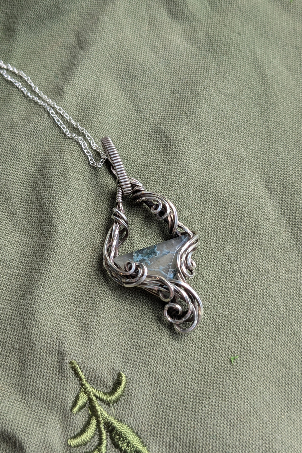Moss Agate and Sterling Silver Vine Pendant