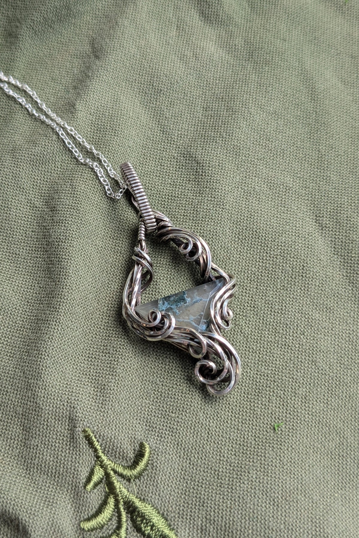 Moss Agate and Sterling Silver Vine Pendant
