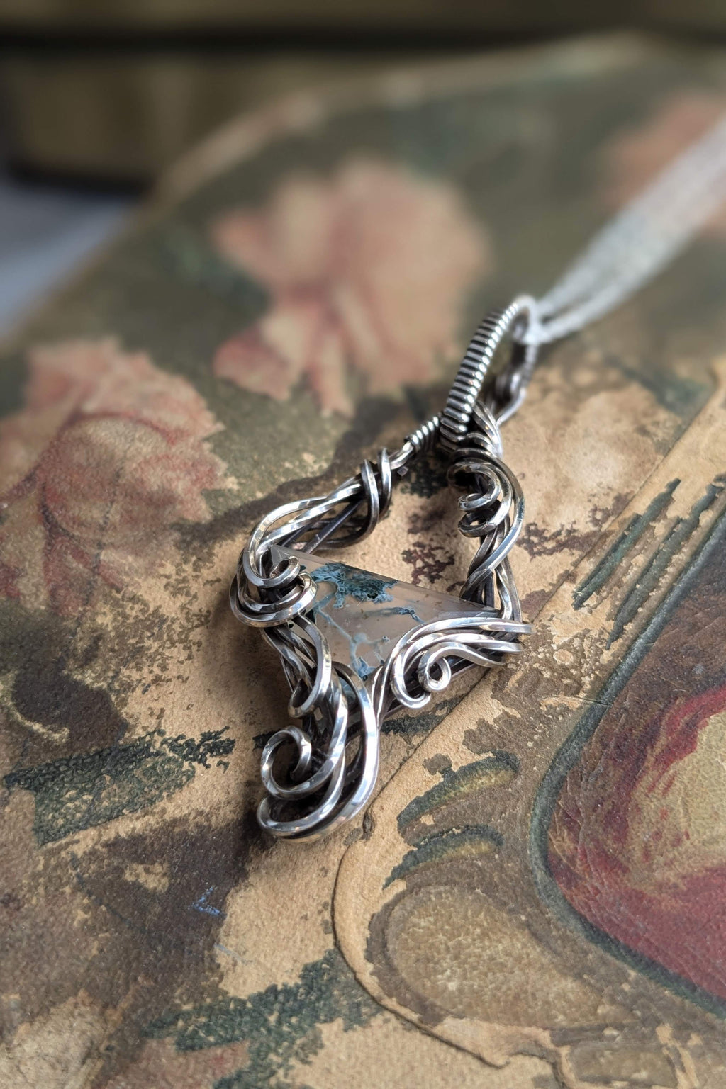 Moss Agate and Sterling Silver Vine Pendant