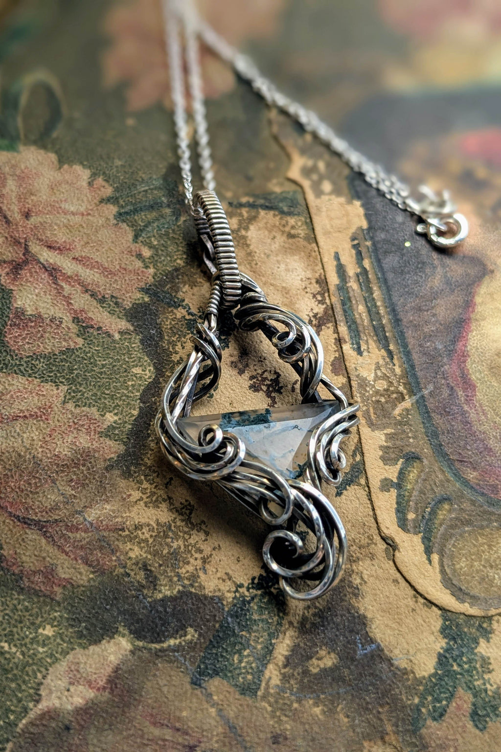 Moss Agate and Sterling Silver Vine Pendant