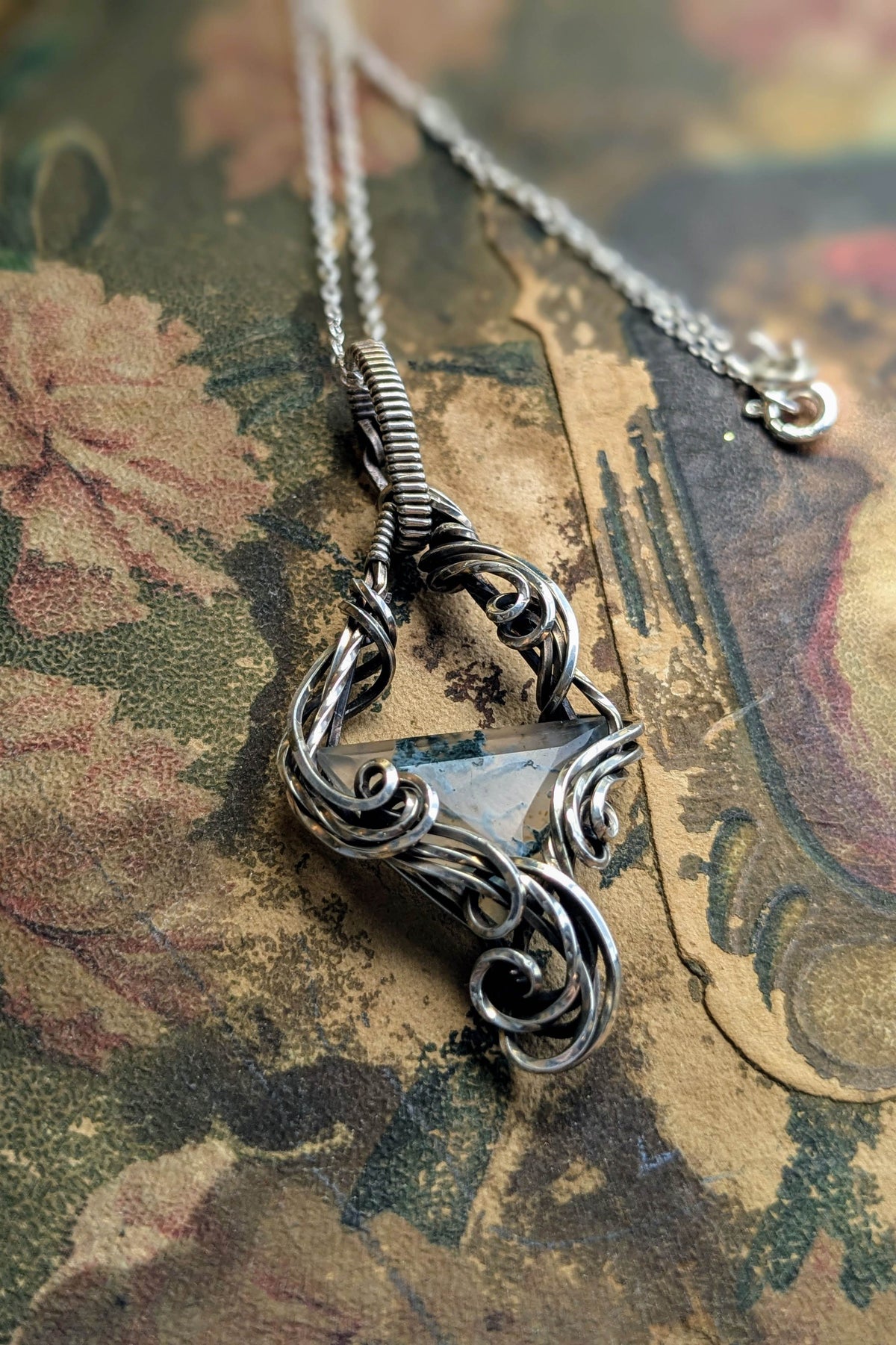 Moss Agate and Sterling Silver Vine Pendant