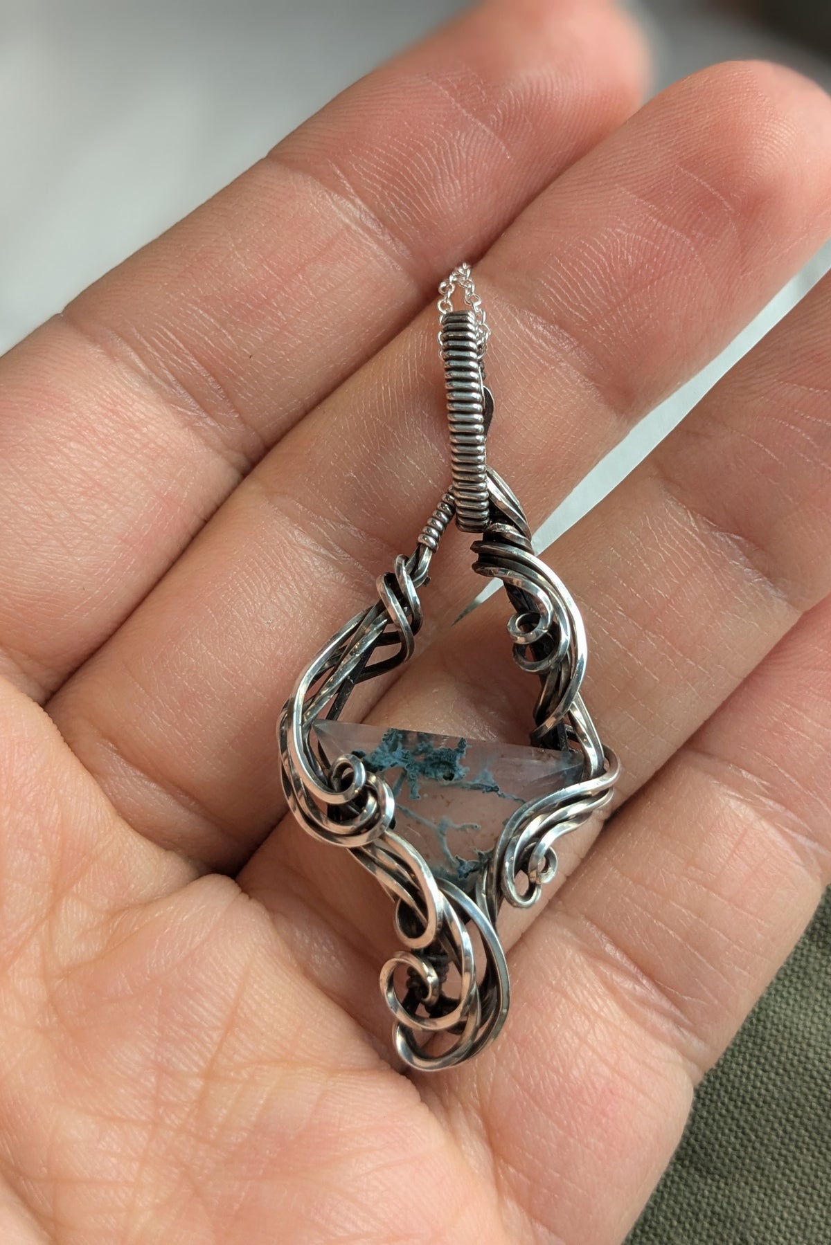 Moss Agate and Sterling Silver Vine Pendant
