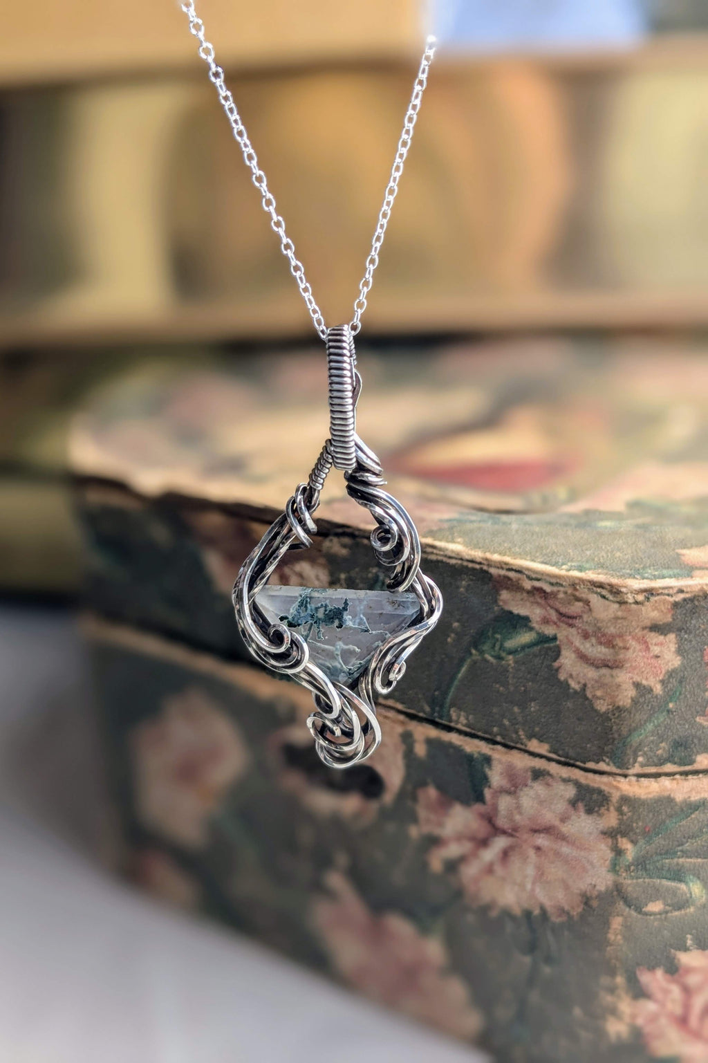 Moss Agate and Sterling Silver Vine Pendant