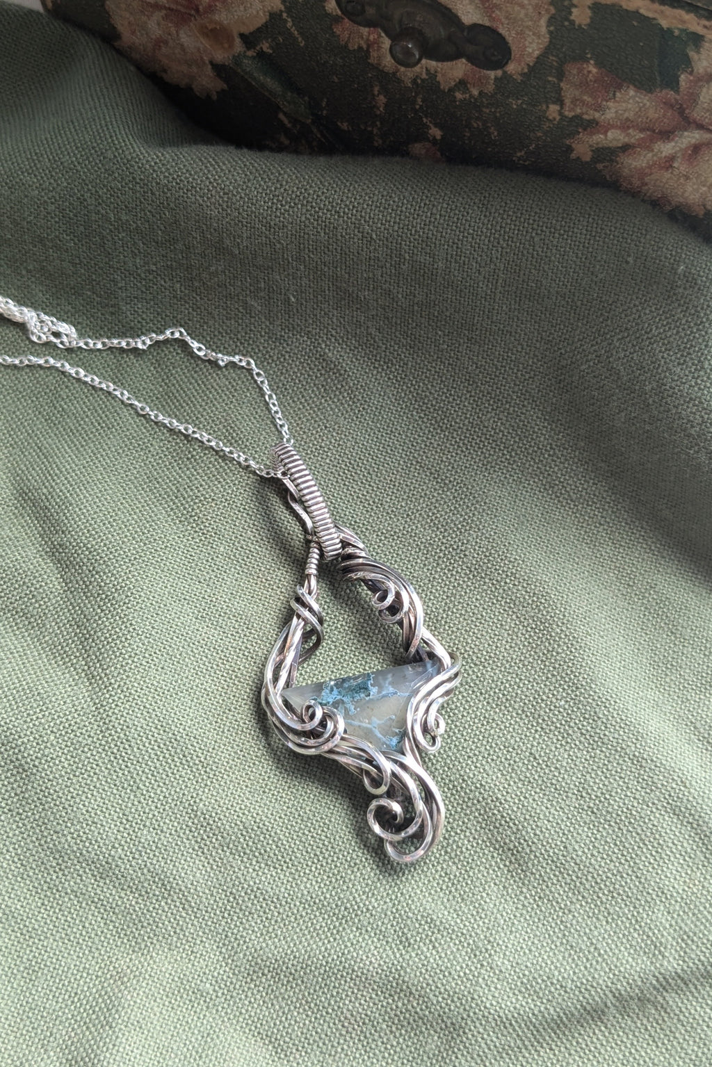 Moss Agate and Sterling Silver Vine Pendant