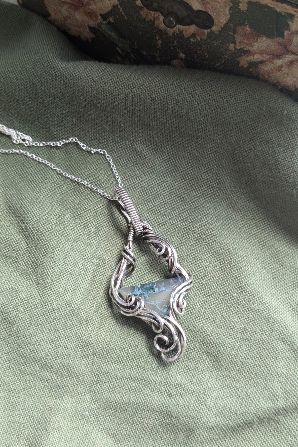 Moss Agate and Sterling Silver Vine Pendant