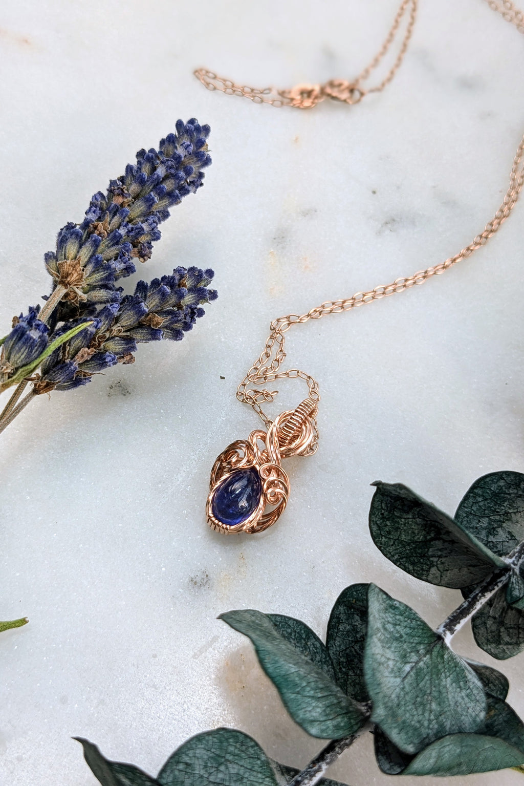 Mini Wire Wrap Pendant – Rose Gold Filled Wire with Tanzanite Stone – Delicate, Elegant Jewelry