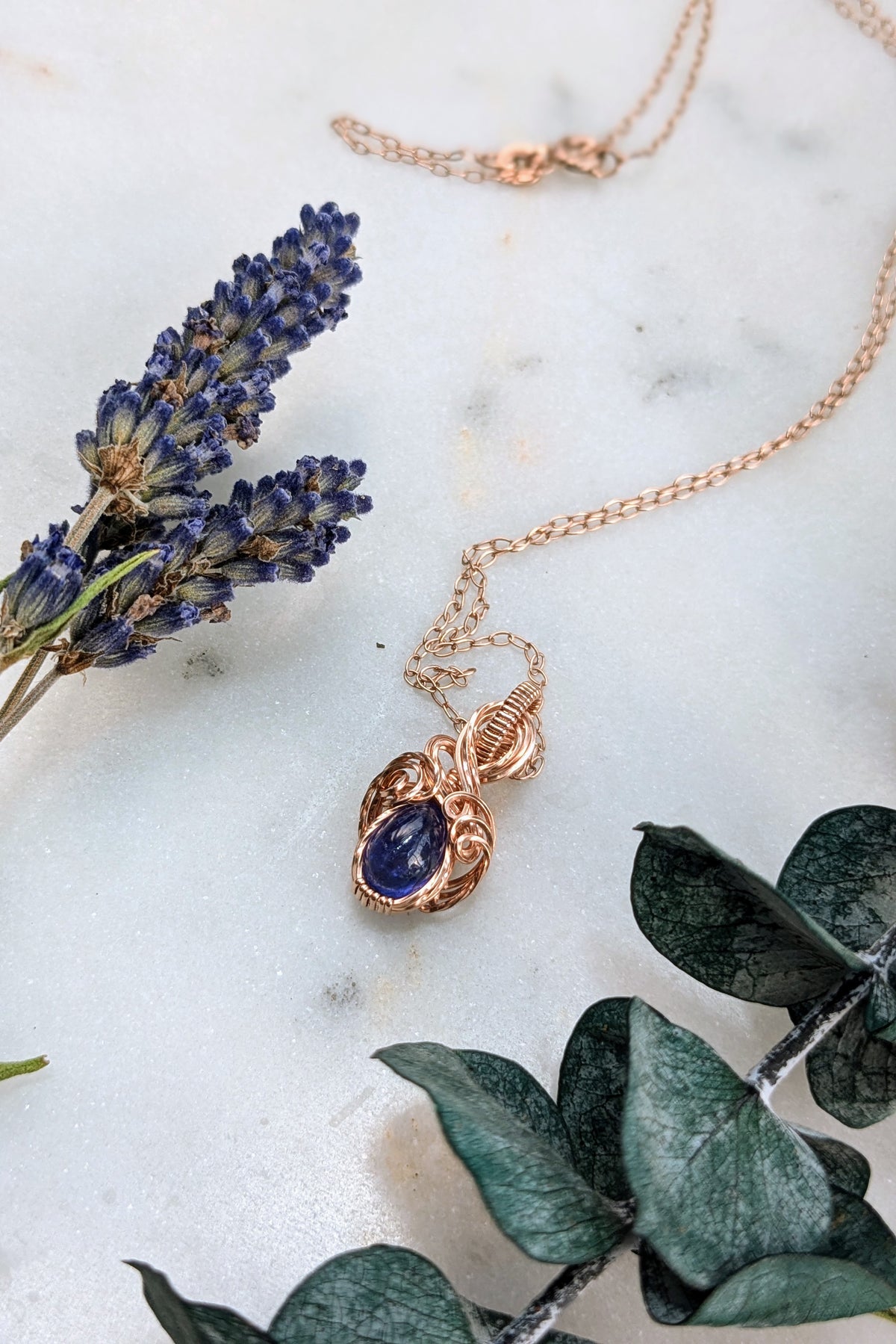 Mini Wire Wrap Pendant – Rose Gold Filled Wire with Tanzanite Stone – Delicate, Elegant Jewelry