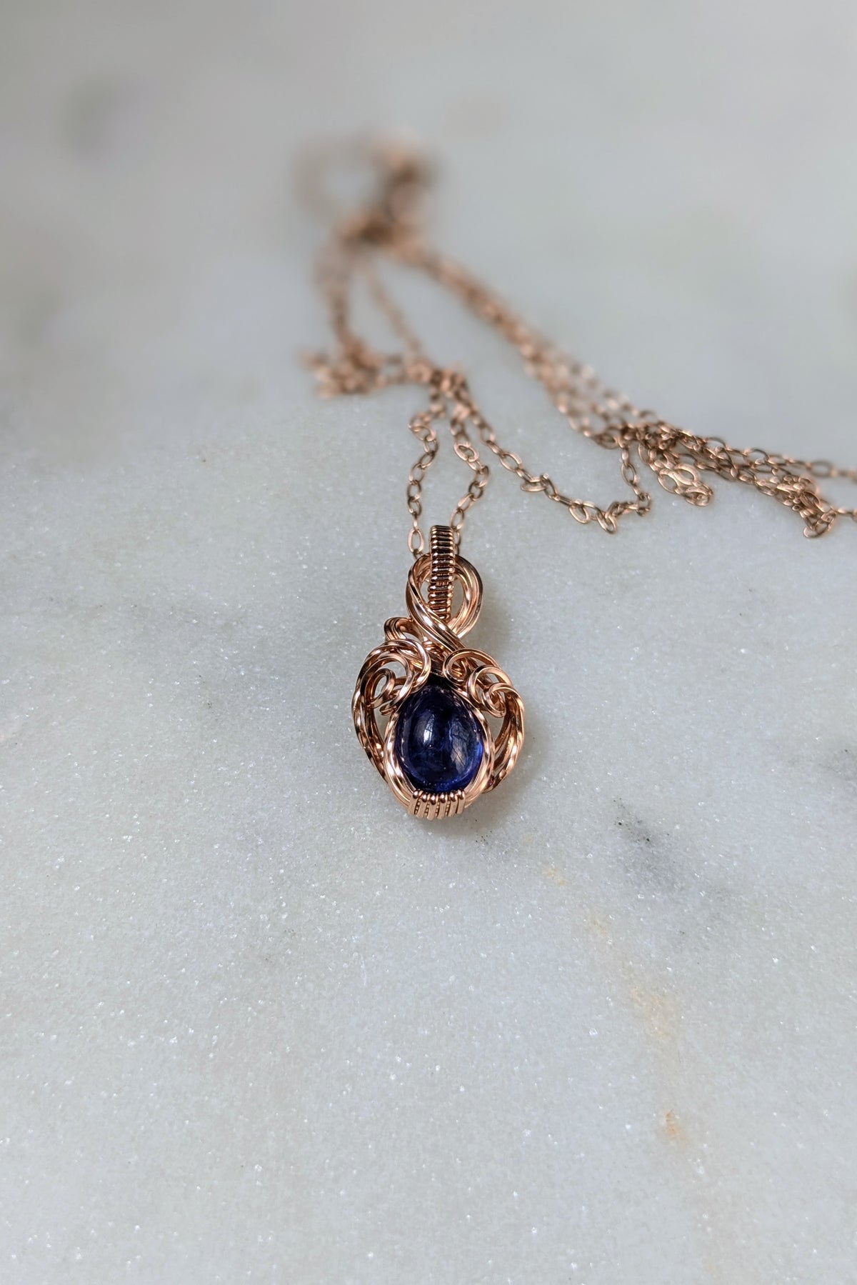 Mini Wire Wrap Pendant – Rose Gold Filled Wire with Tanzanite Stone – Delicate, Elegant Jewelry