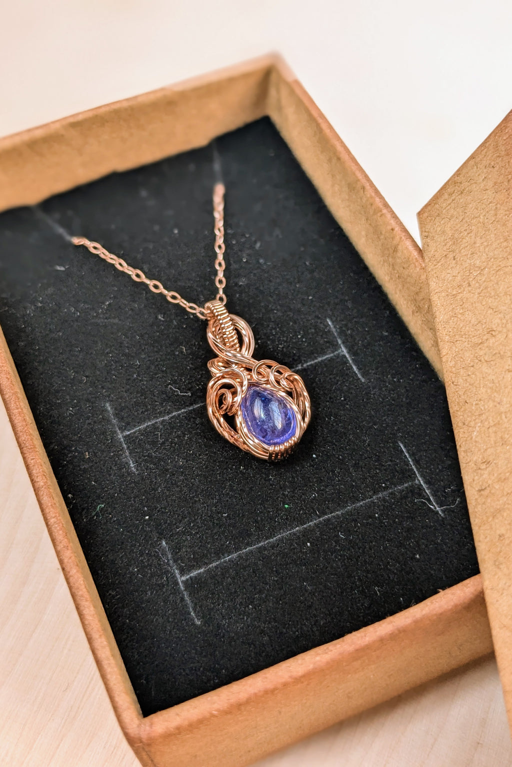 Mini Wire Wrap Pendant – Rose Gold Filled Wire with Tanzanite Stone – Delicate, Elegant Jewelry