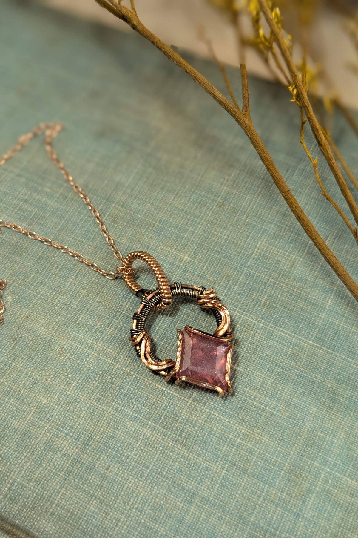 Rose Gold & Silver Wire-Wrapped Necklace with Pink Sapphire
