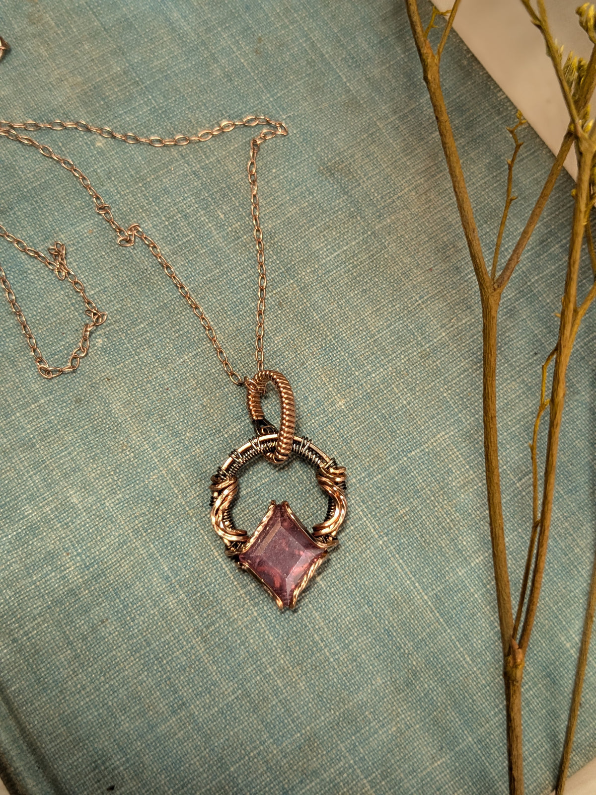 Rose Gold & Silver Wire-Wrapped Necklace with Pink Sapphire