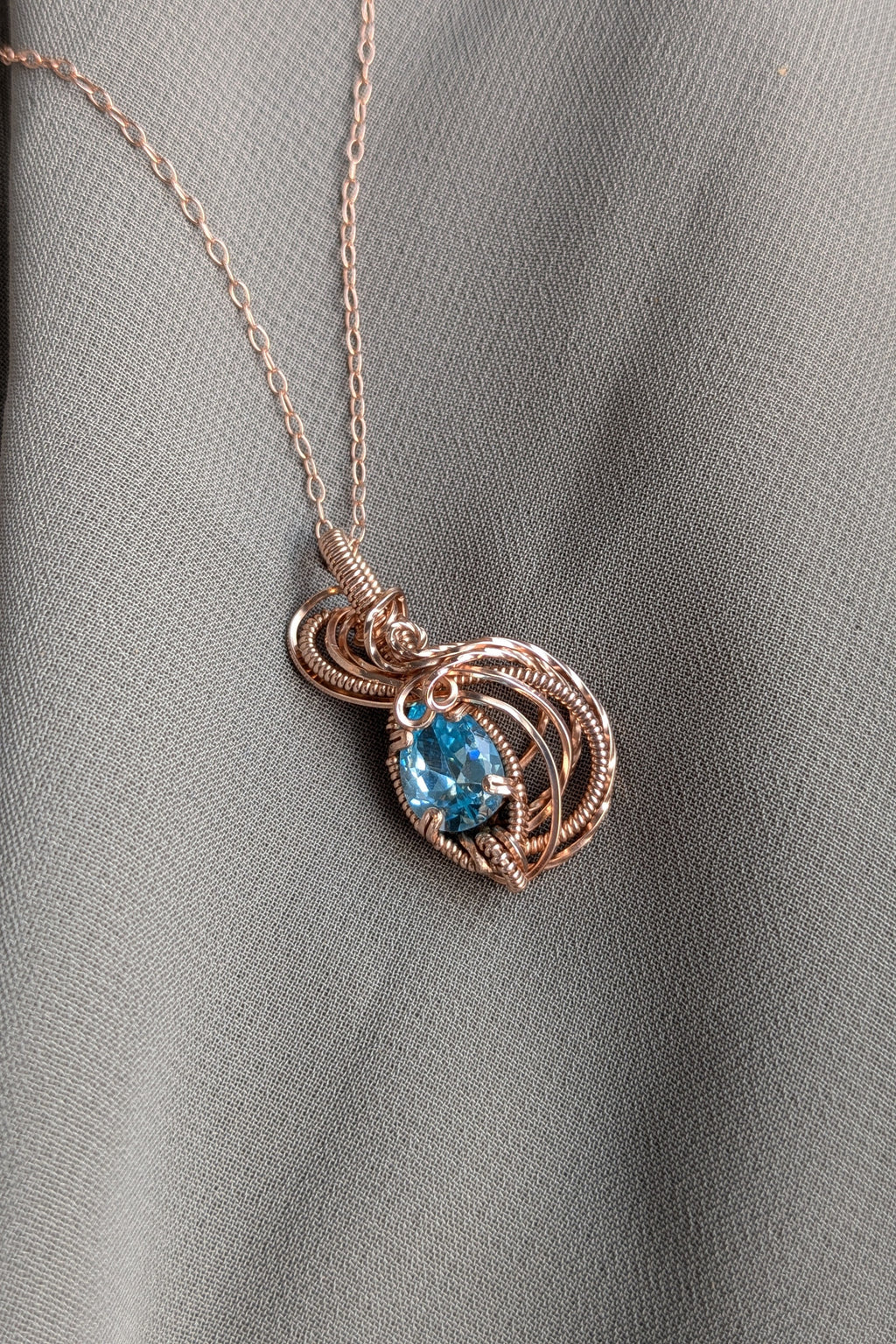 Rose Gold Filled Wire Wrap Necklace with Light Blue Cubic Zirconia Stone