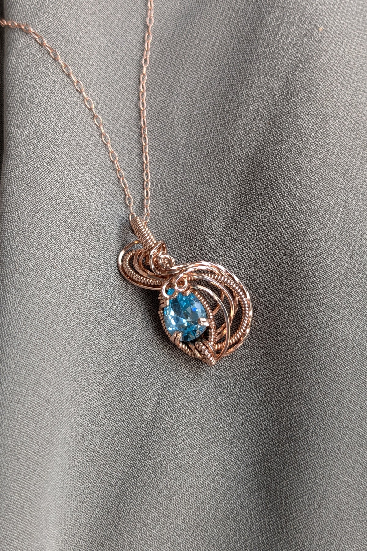 Rose Gold Filled Wire Wrap Necklace with Light Blue Cubic Zirconia Stone
