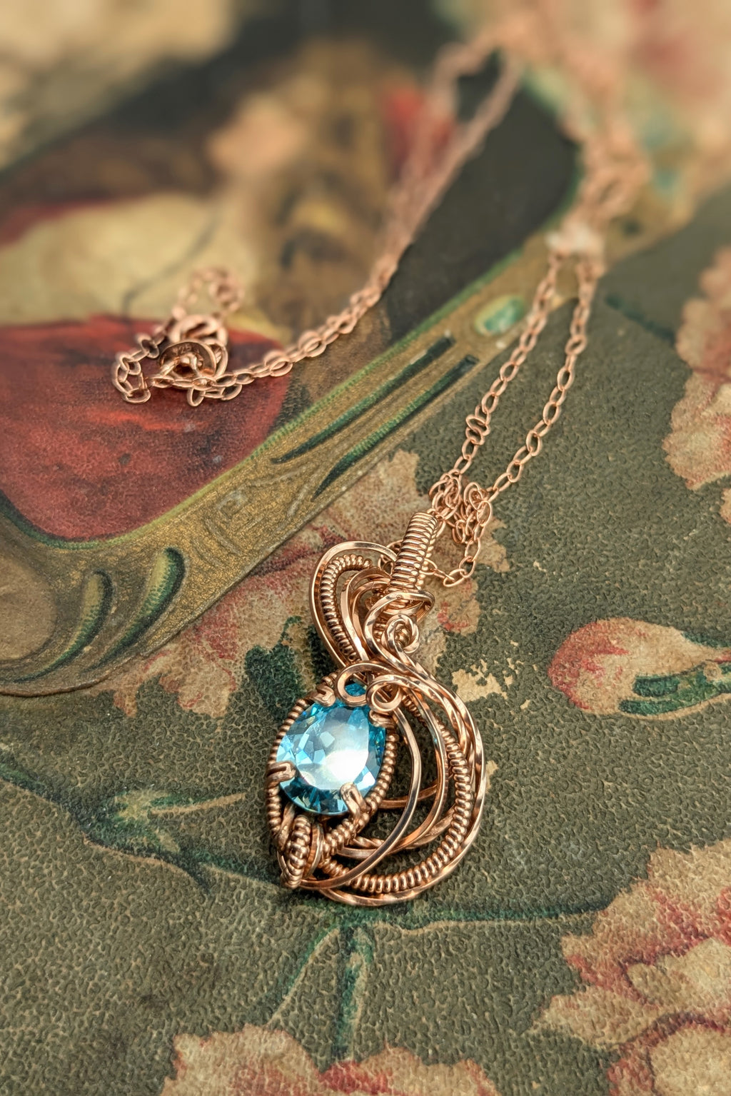 Rose Gold Filled Wire Wrap Necklace with Light Blue Cubic Zirconia Stone