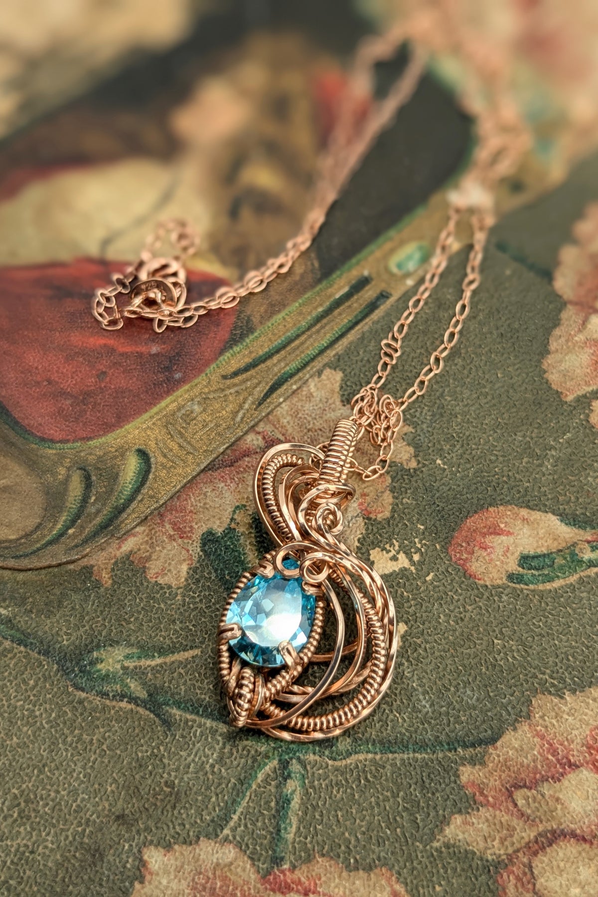 Rose Gold Filled Wire Wrap Necklace with Light Blue Cubic Zirconia Stone