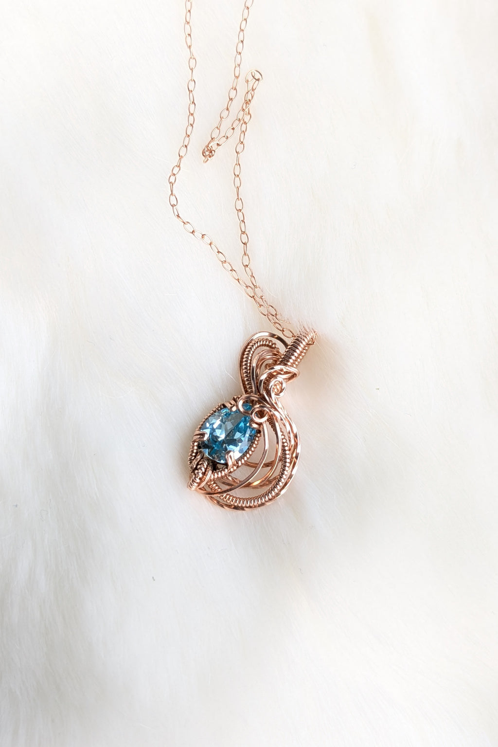 Rose Gold Filled Wire Wrap Necklace with Light Blue Cubic Zirconia Stone