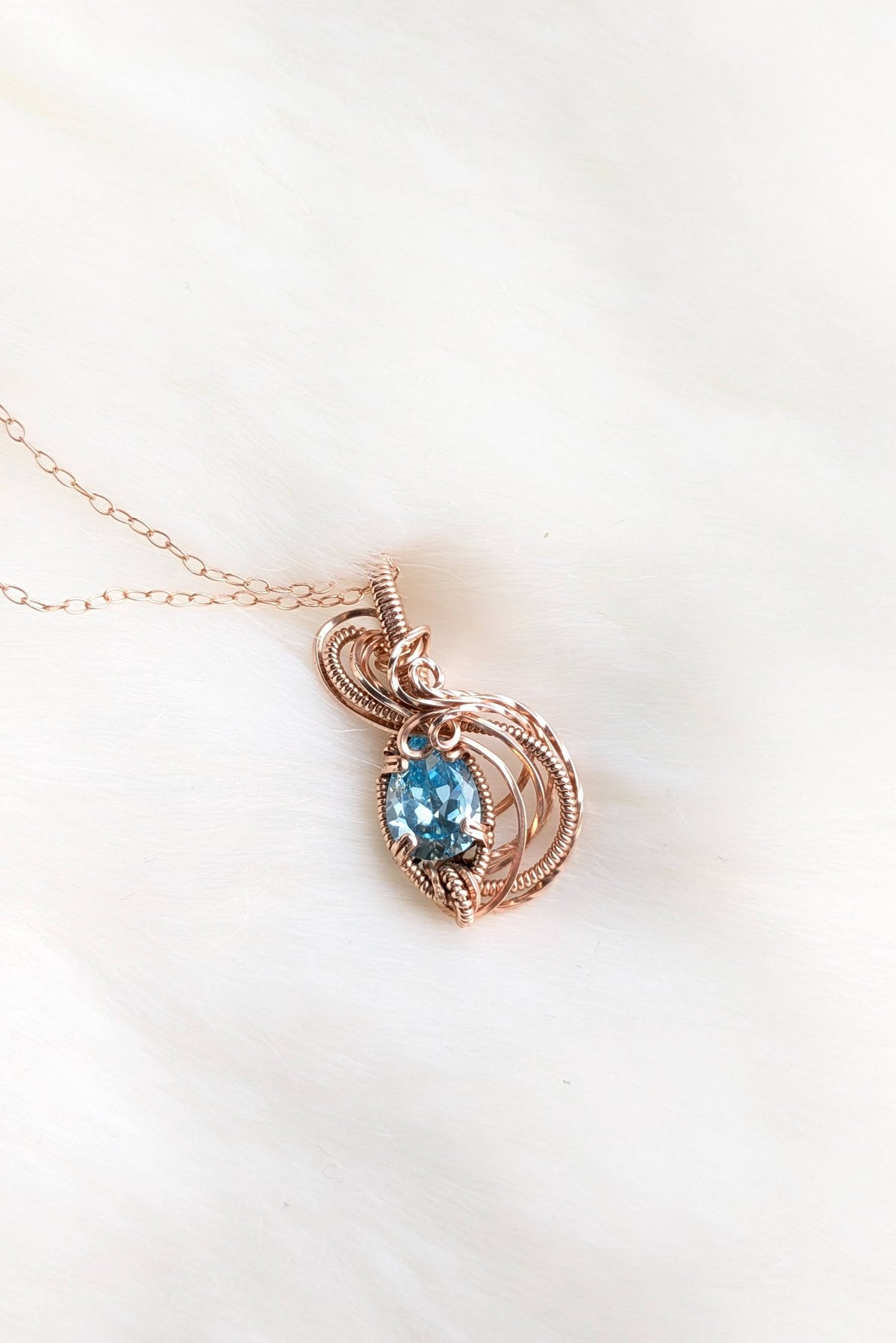 Rose Gold Filled Wire Wrap Necklace with Light Blue Cubic Zirconia Stone
