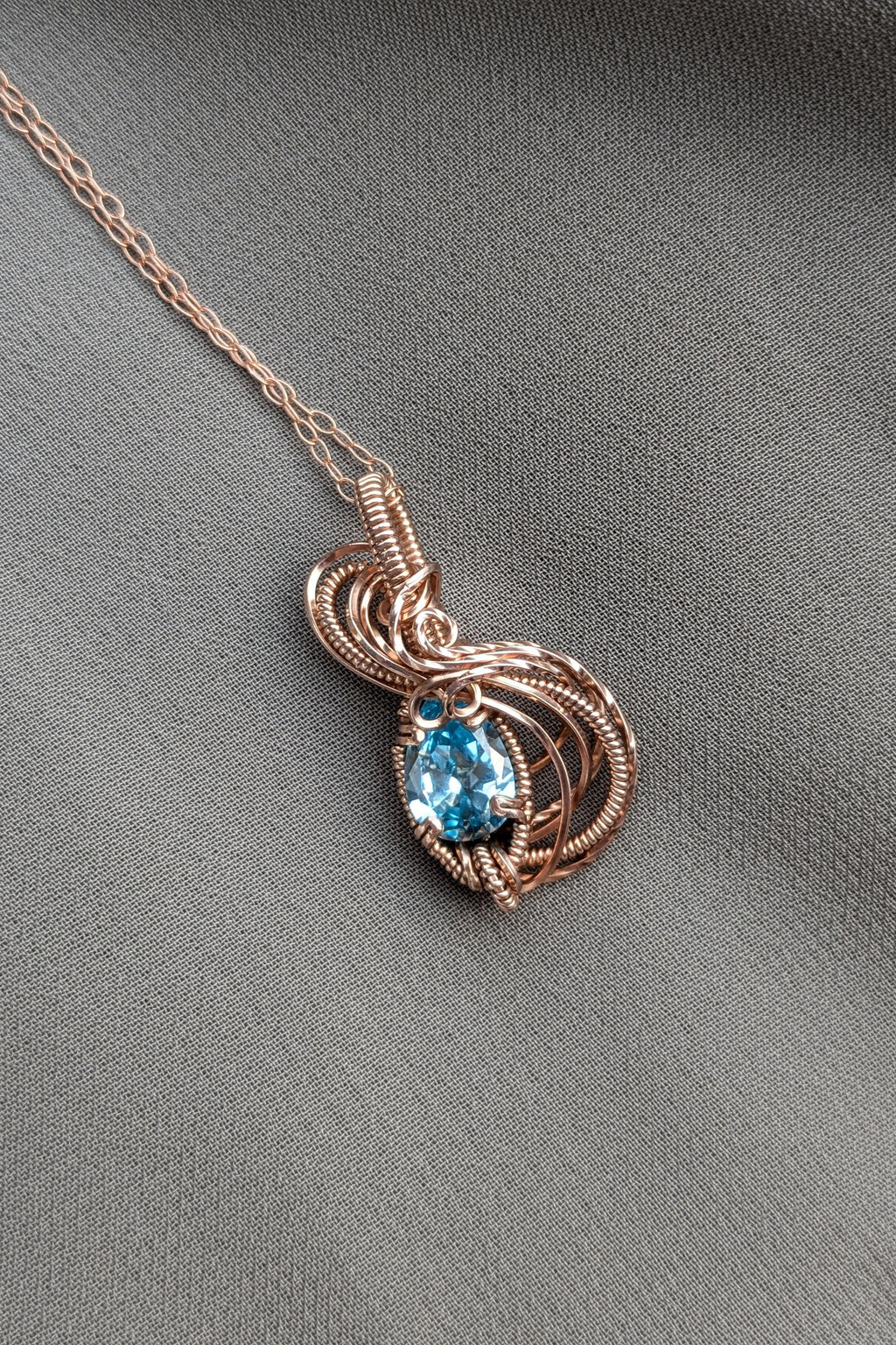 Rose Gold Filled Wire Wrap Necklace with Light Blue Cubic Zirconia Stone