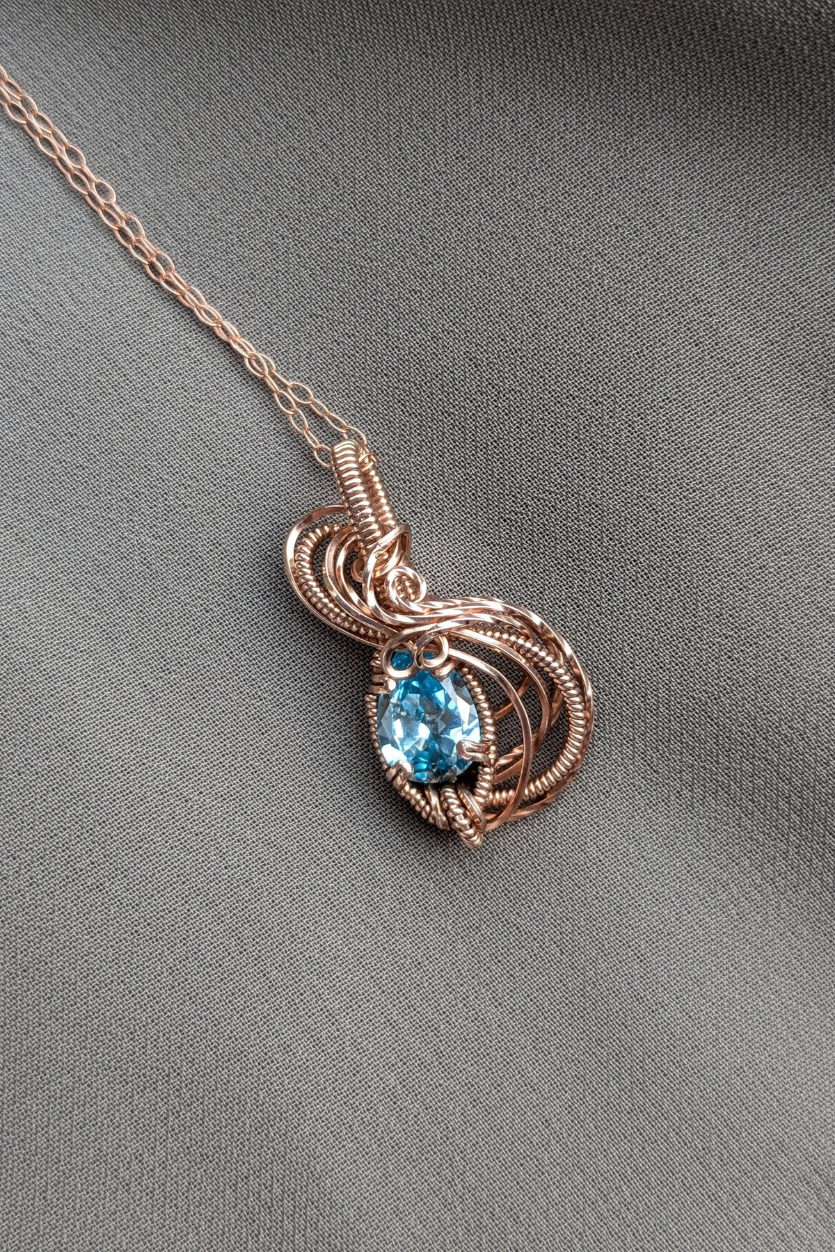 Rose Gold Filled Wire Wrap Necklace with Light Blue Cubic Zirconia Stone