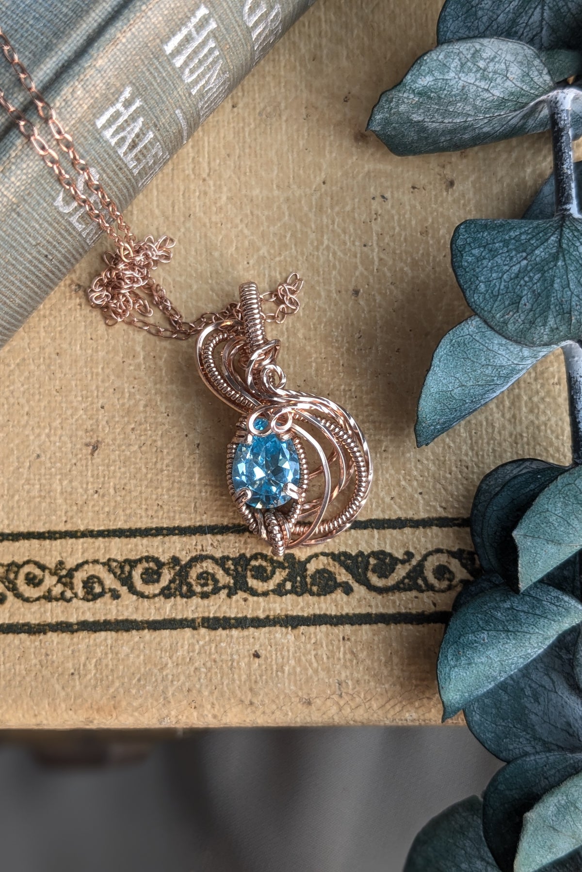 Rose Gold Filled Wire Wrap Necklace with Light Blue Cubic Zirconia Stone