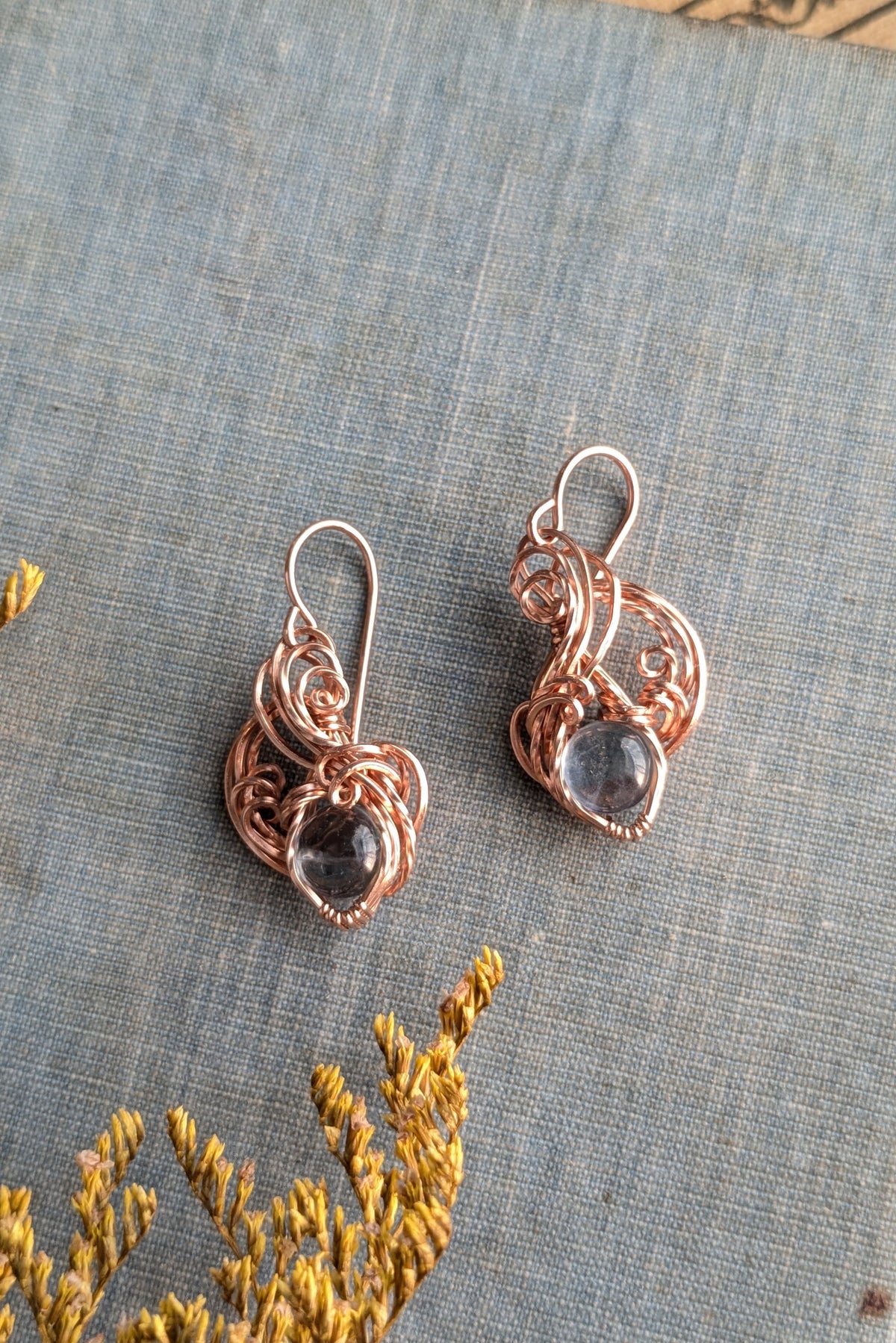 Rose Gold-Filled Wire Wrap Earrings with Aquamarine Stones