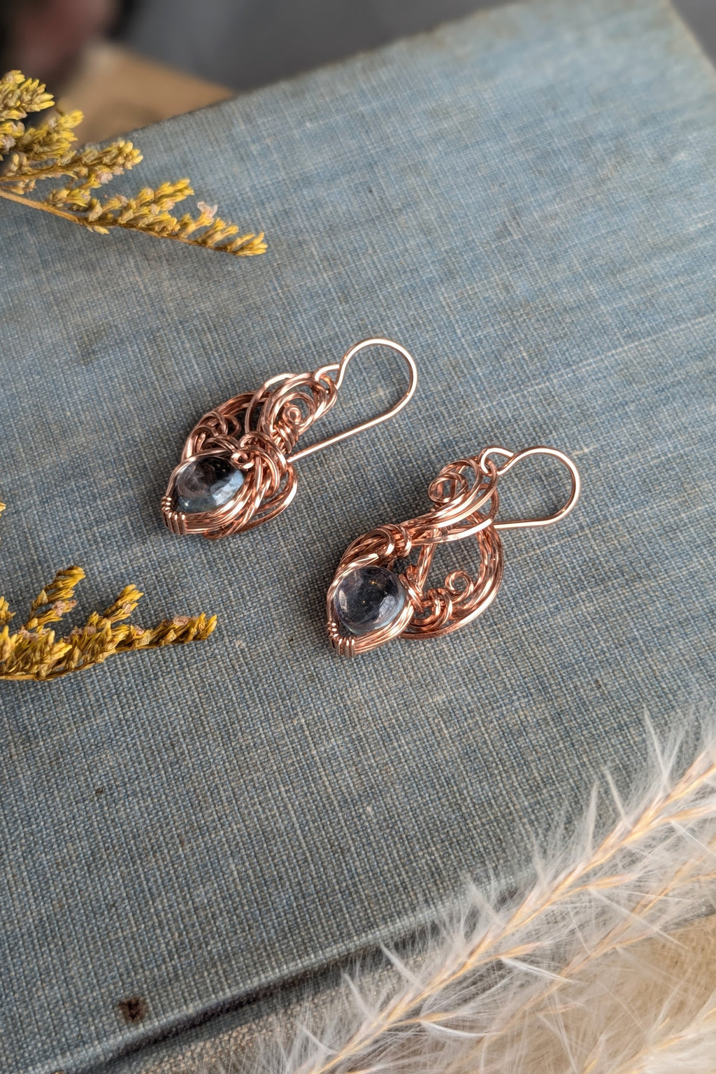 Rose Gold-Filled Wire Wrap Earrings with Aquamarine Stones