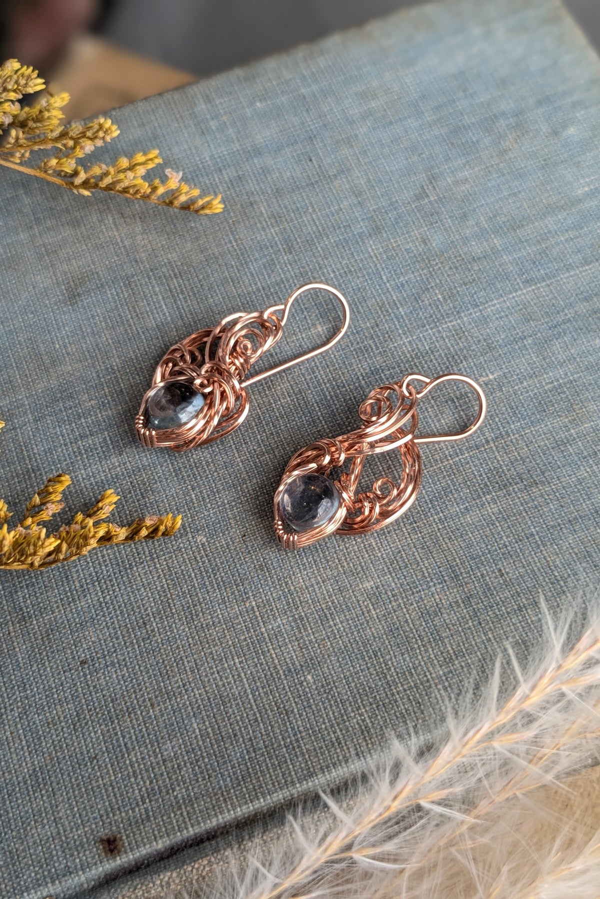 Rose Gold-Filled Wire Wrap Earrings with Aquamarine Stones