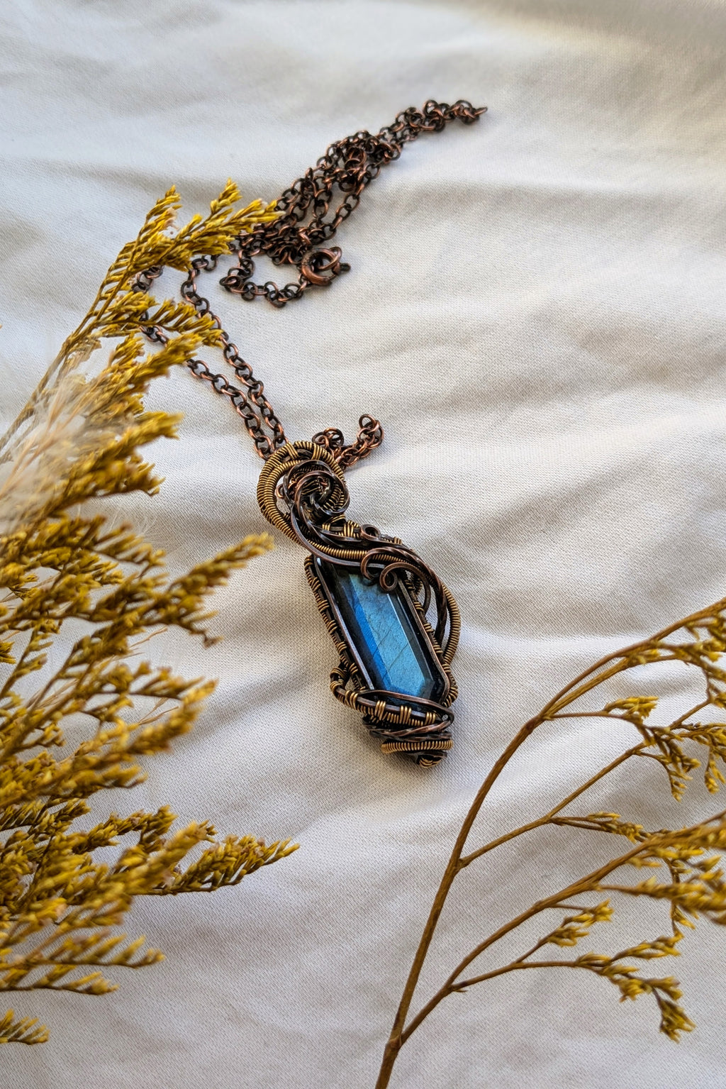 Elvish-Dwarvish Fusion Wire Wrap Necklace with Copper, Bronze, and Labradorite