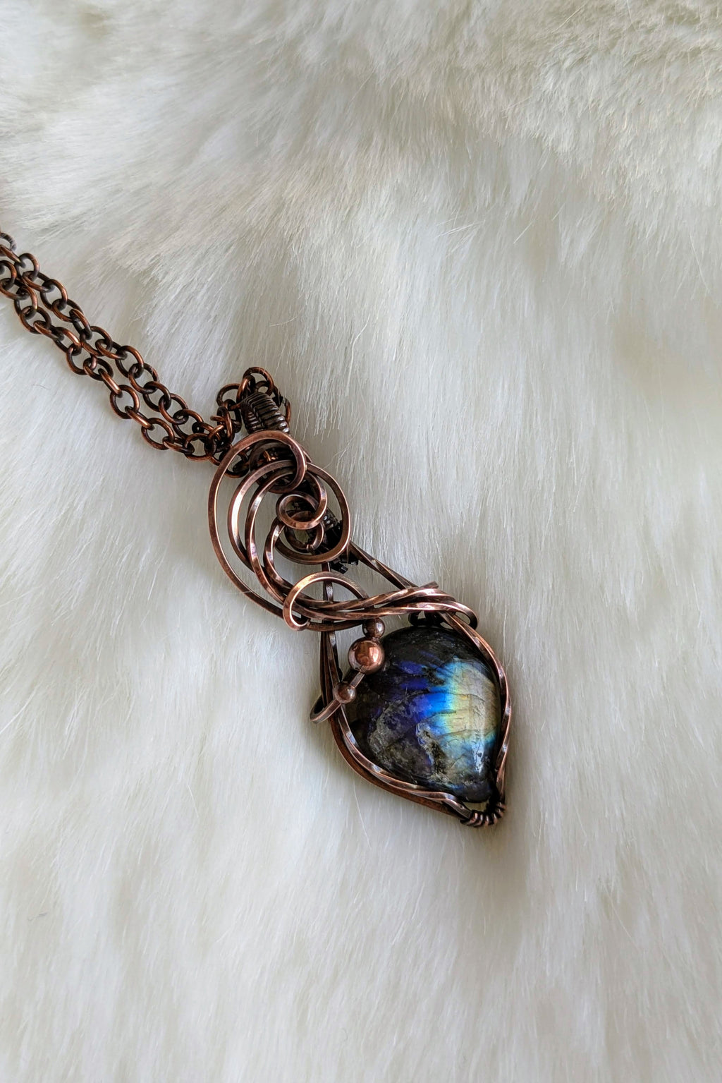 Labradorite and Copper Scroll Wire Wrap Pendant