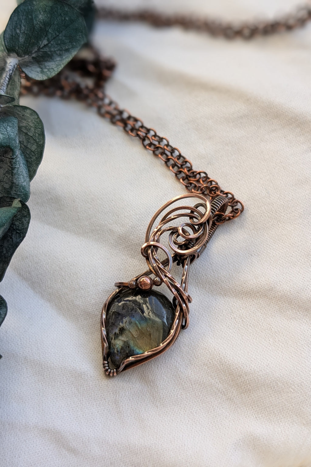 Labradorite and Copper Scroll Wire Wrap Pendant