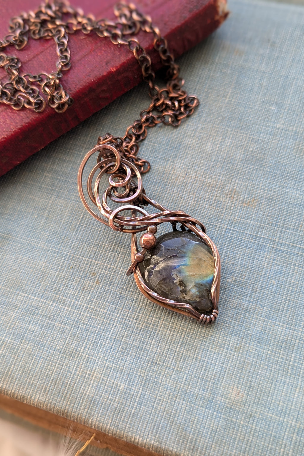 Labradorite and Copper Scroll Wire Wrap Pendant