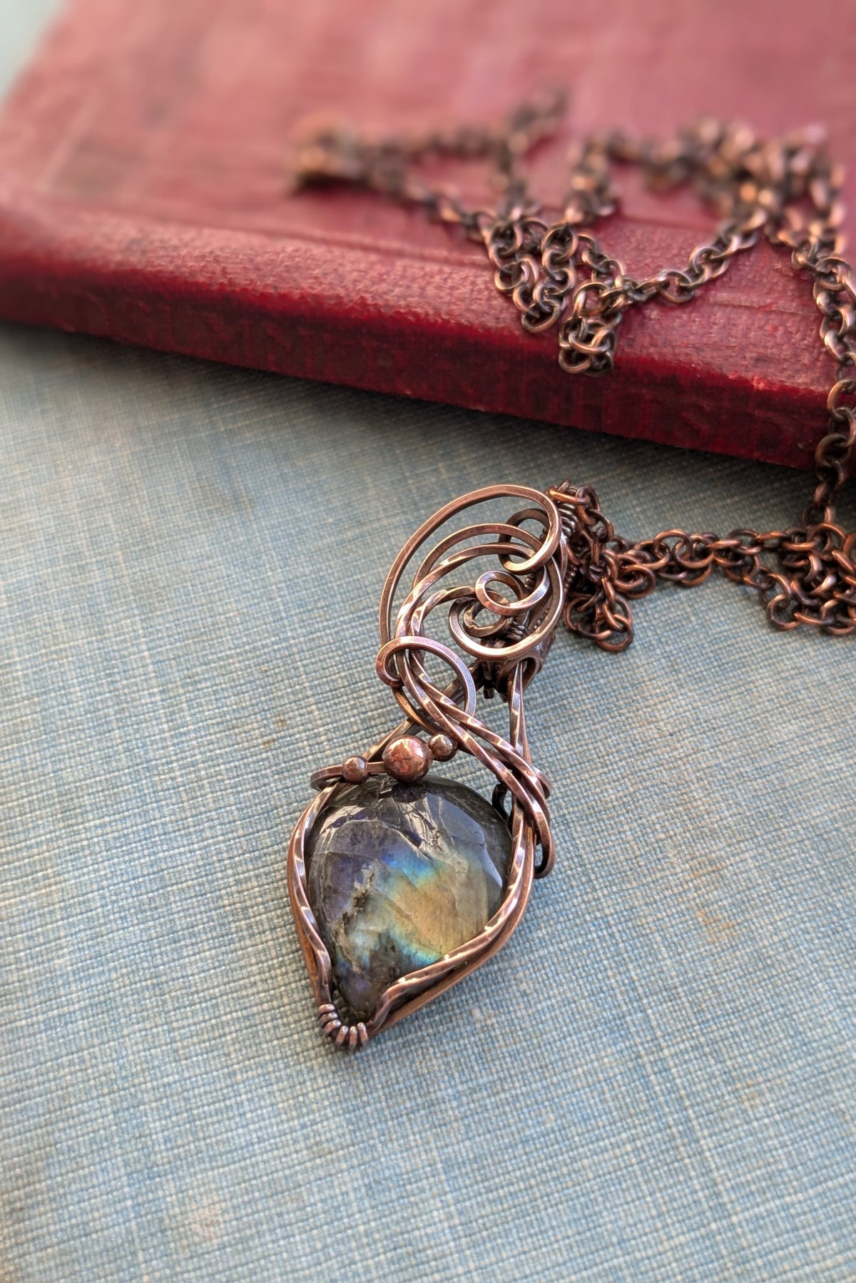 Labradorite and Copper Scroll Wire Wrap Pendant