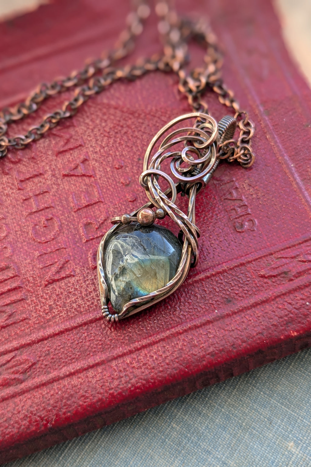 Labradorite and Copper Scroll Wire Wrap Pendant
