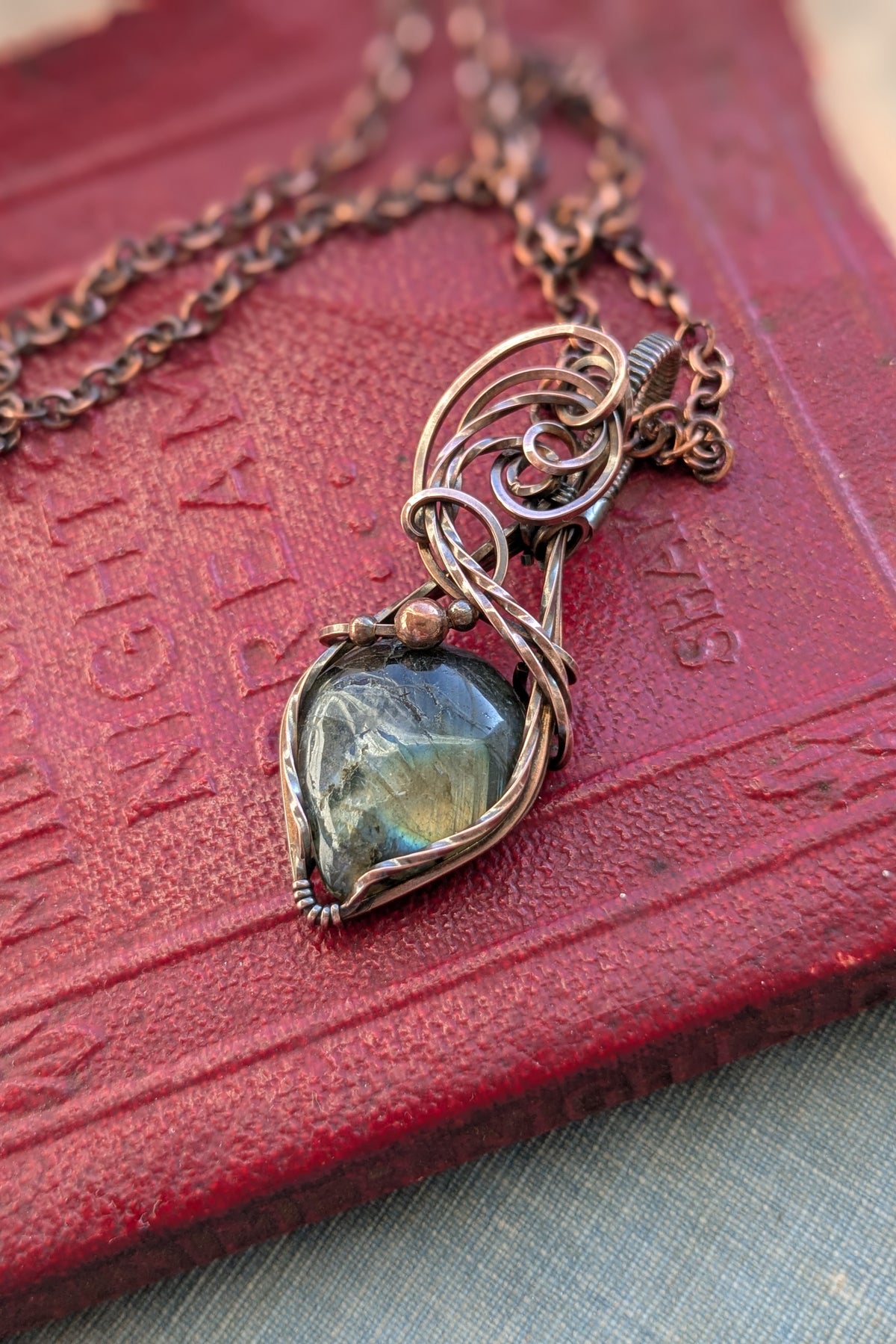 Labradorite and Copper Scroll Wire Wrap Pendant