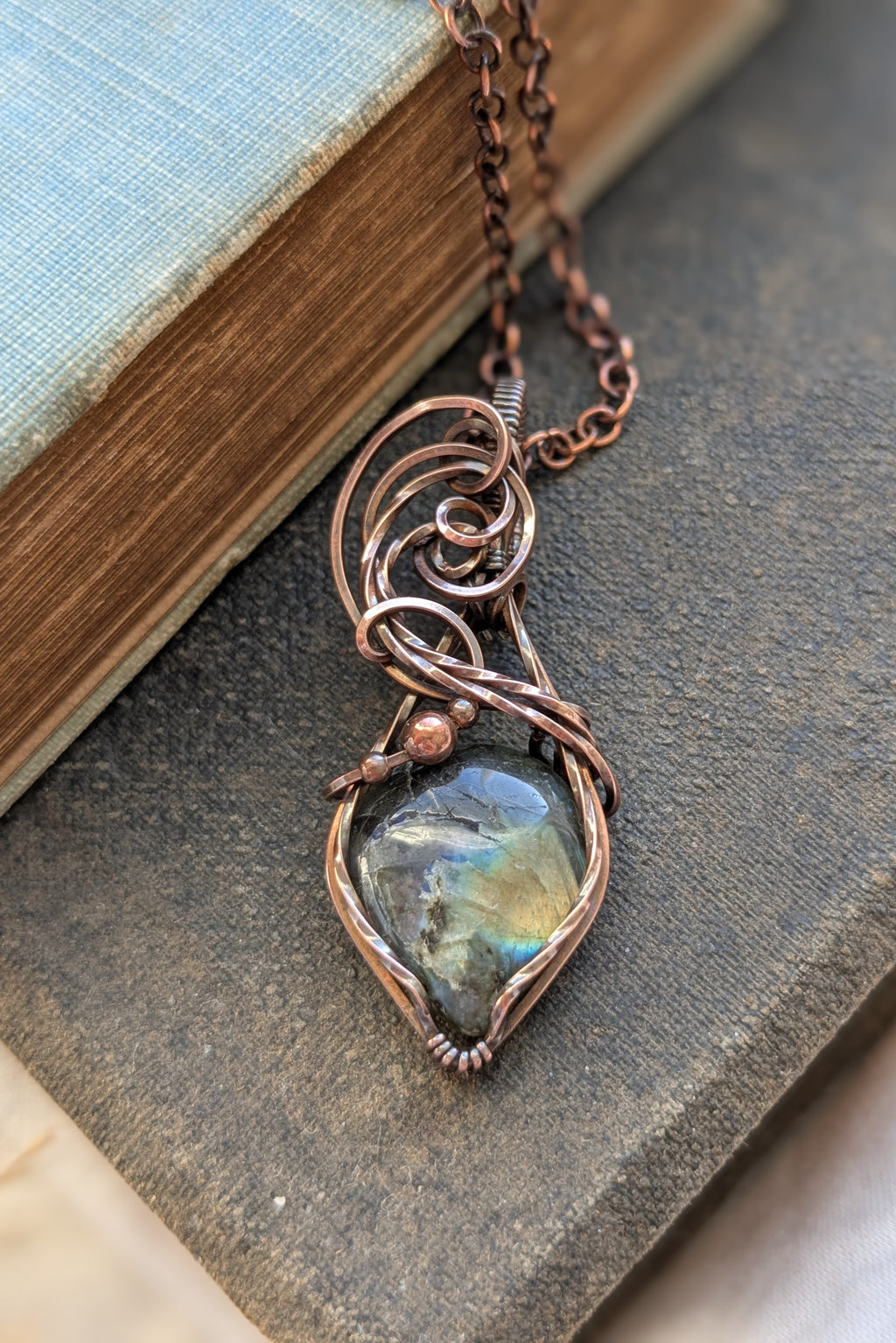 Labradorite and Copper Scroll Wire Wrap Pendant