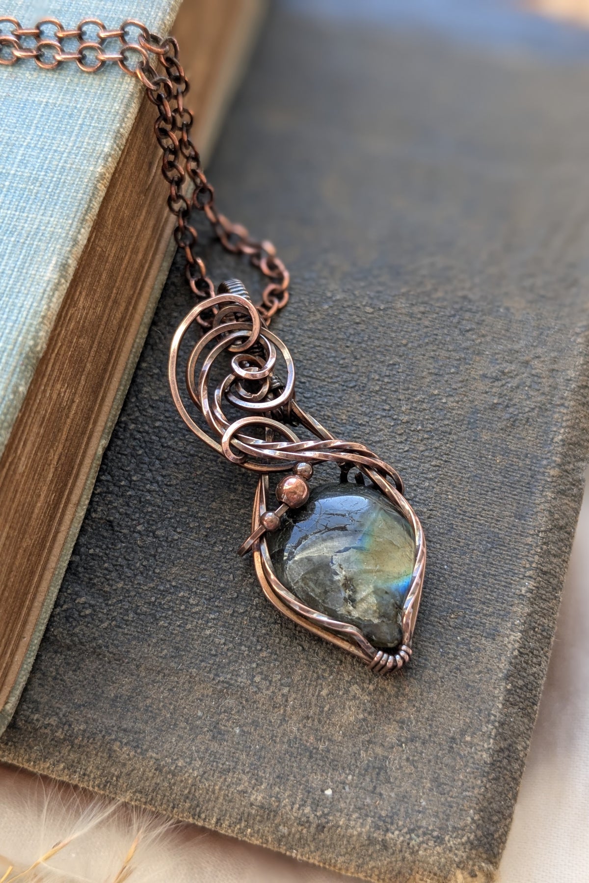 Labradorite and Copper Scroll Wire Wrap Pendant