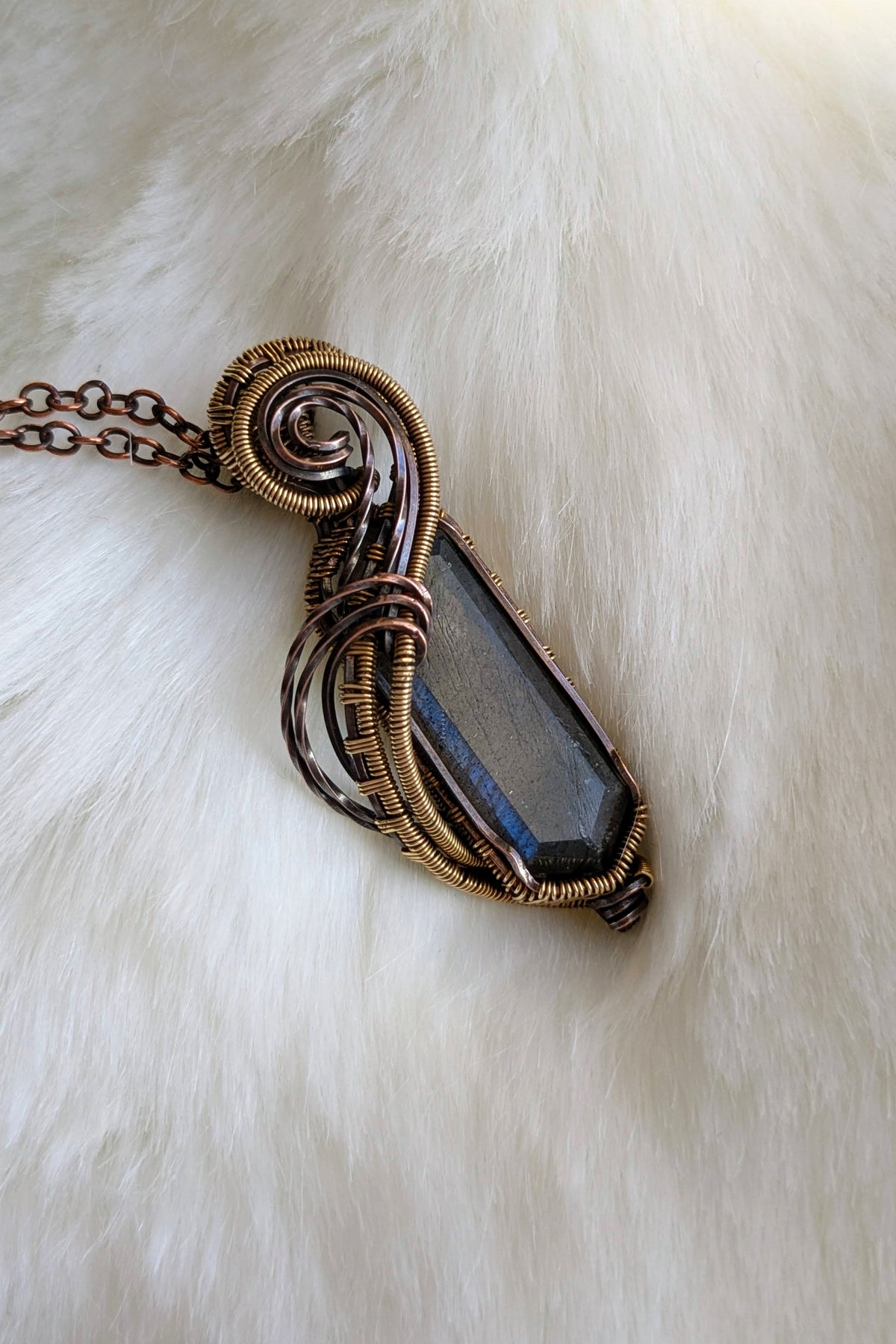 Flowing Labradorite, Copper, and Bronze Wire Wrap Necklace