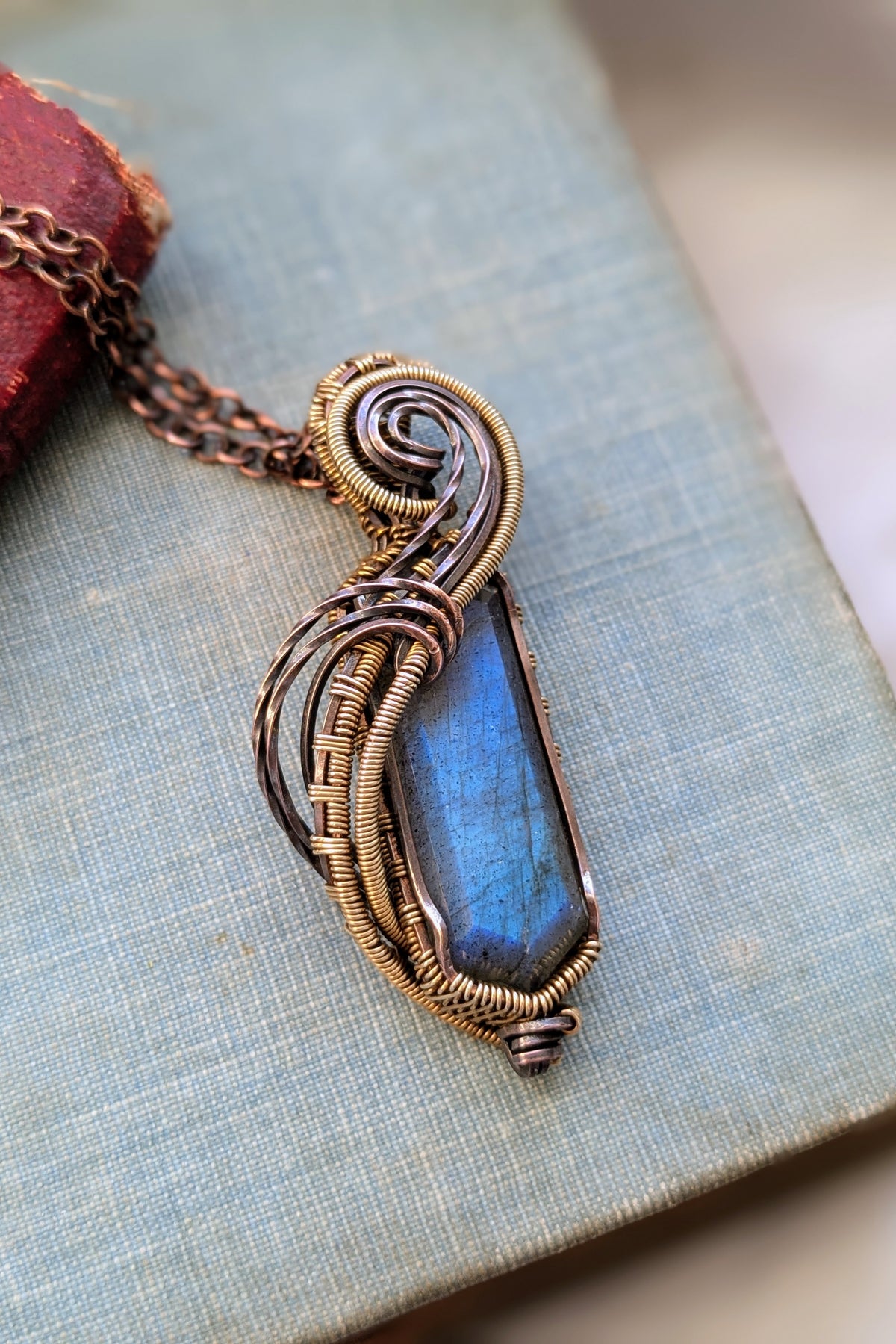 Flowing Labradorite, Copper, and Bronze Wire Wrap Necklace