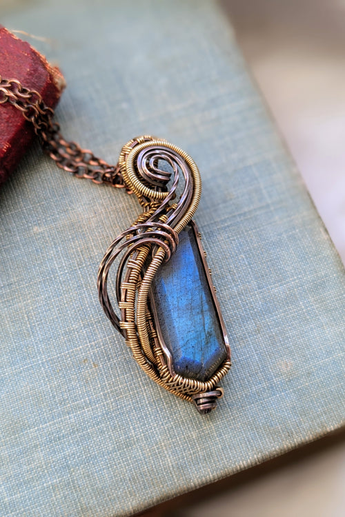 Flowing Labradorite, Copper, and Bronze Wire Wrap Necklace