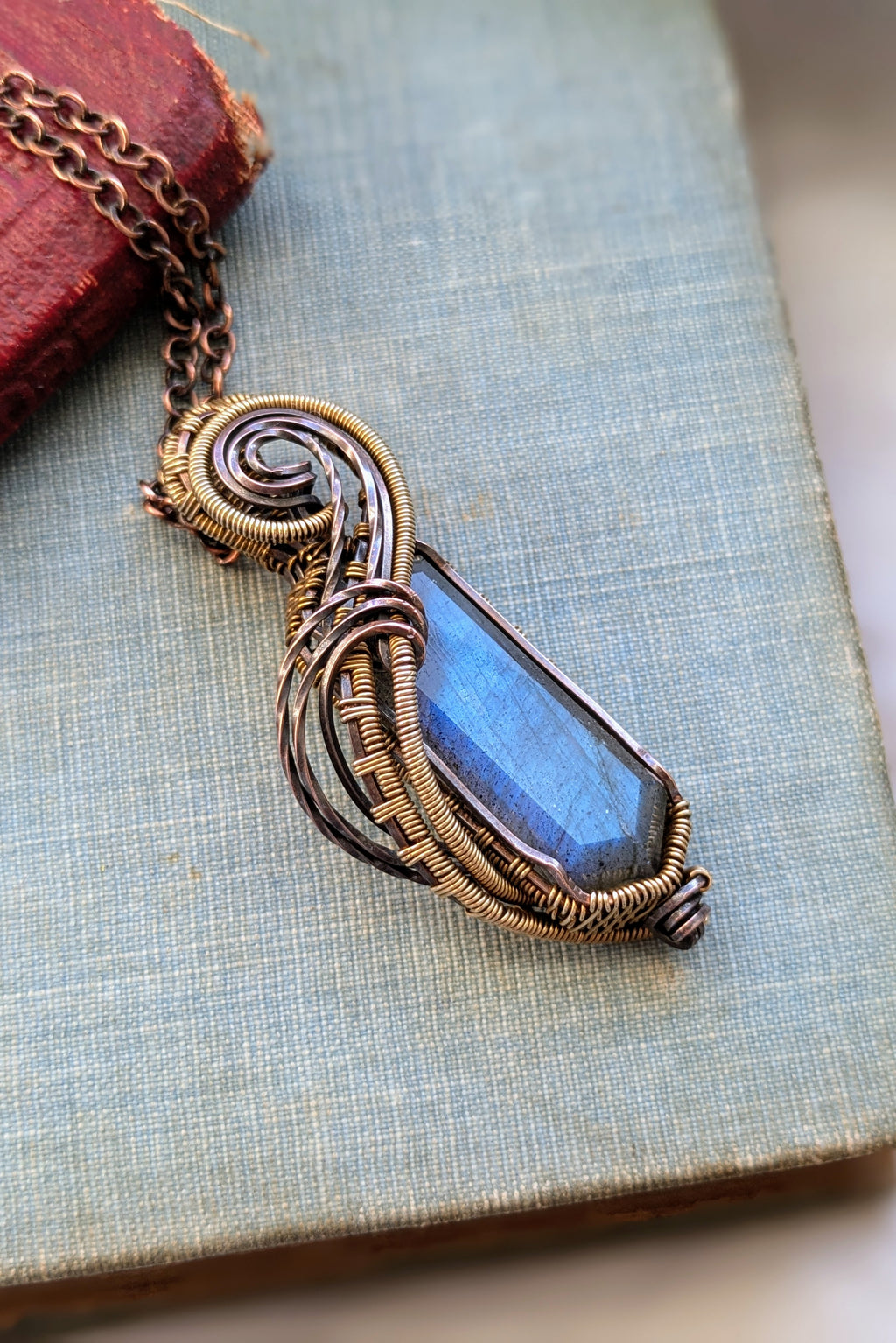 Flowing Labradorite, Copper, and Bronze Wire Wrap Necklace