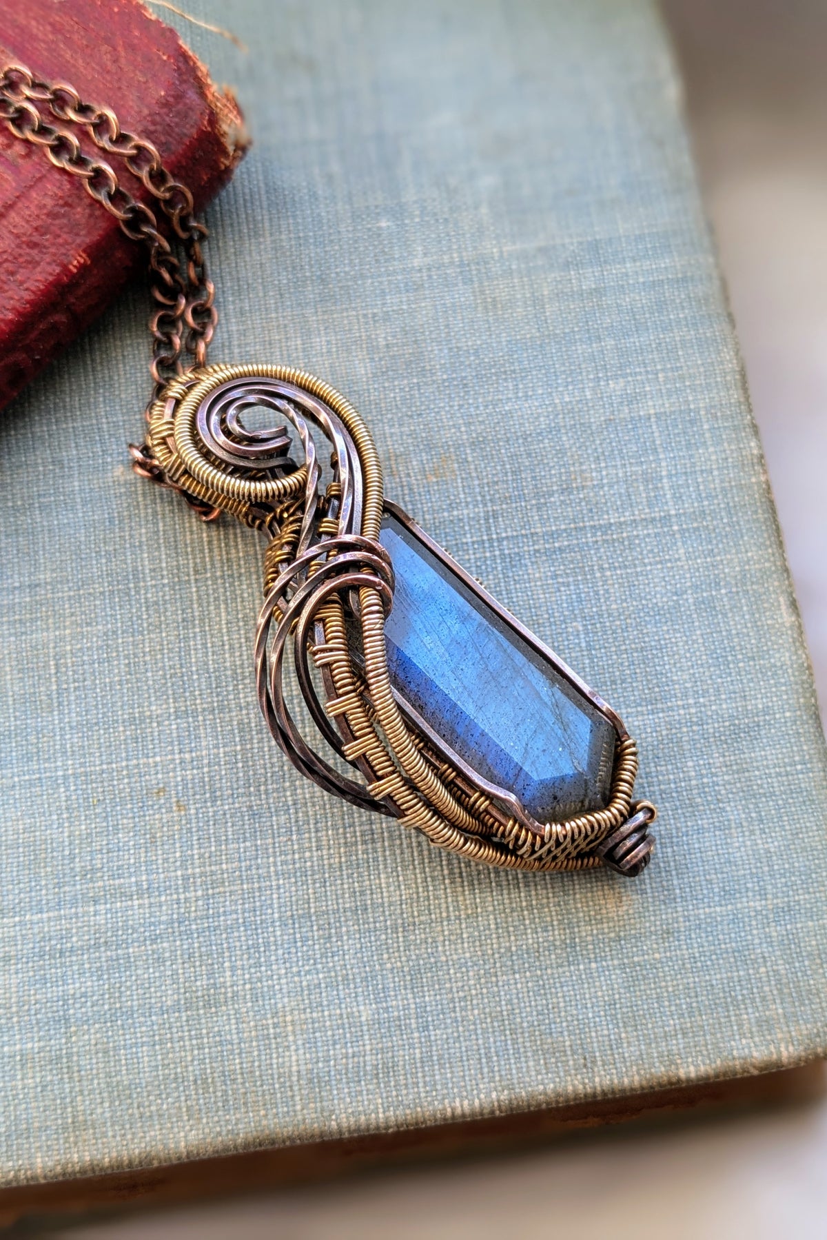 Flowing Labradorite, Copper, and Bronze Wire Wrap Necklace