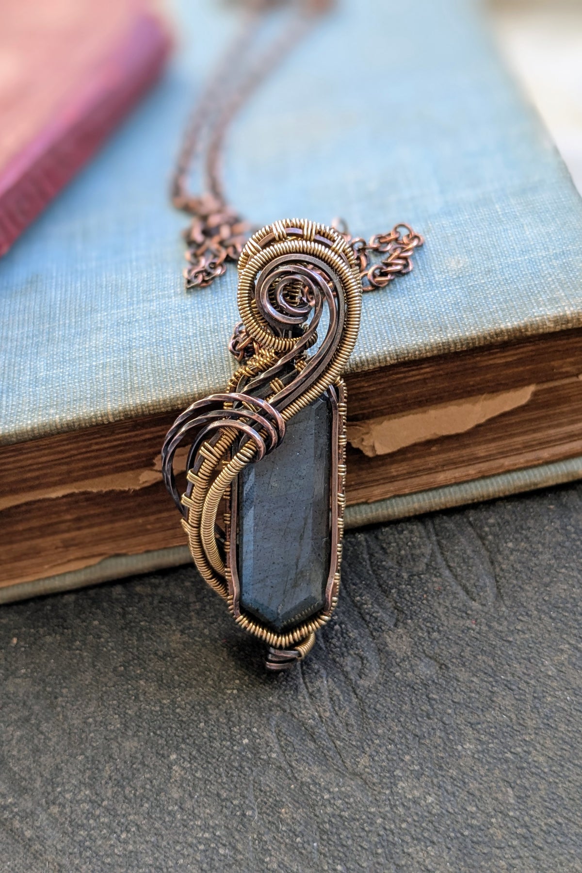 Flowing Labradorite, Copper, and Bronze Wire Wrap Necklace