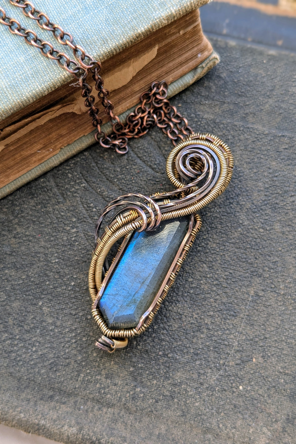 Flowing Labradorite, Copper, and Bronze Wire Wrap Necklace