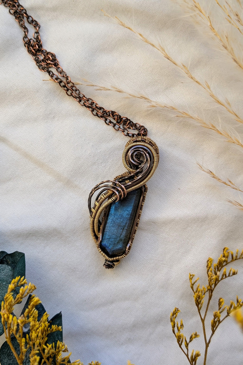 Flowing Labradorite, Copper, and Bronze Wire Wrap Necklace