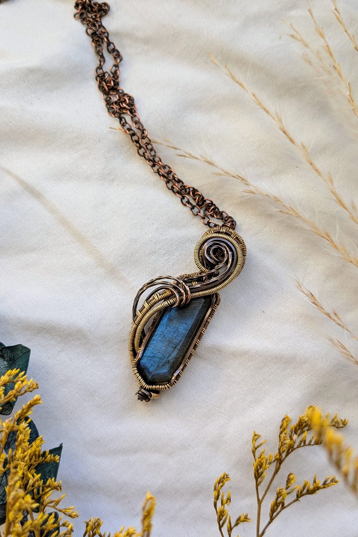 Flowing Labradorite, Copper, and Bronze Wire Wrap Necklace