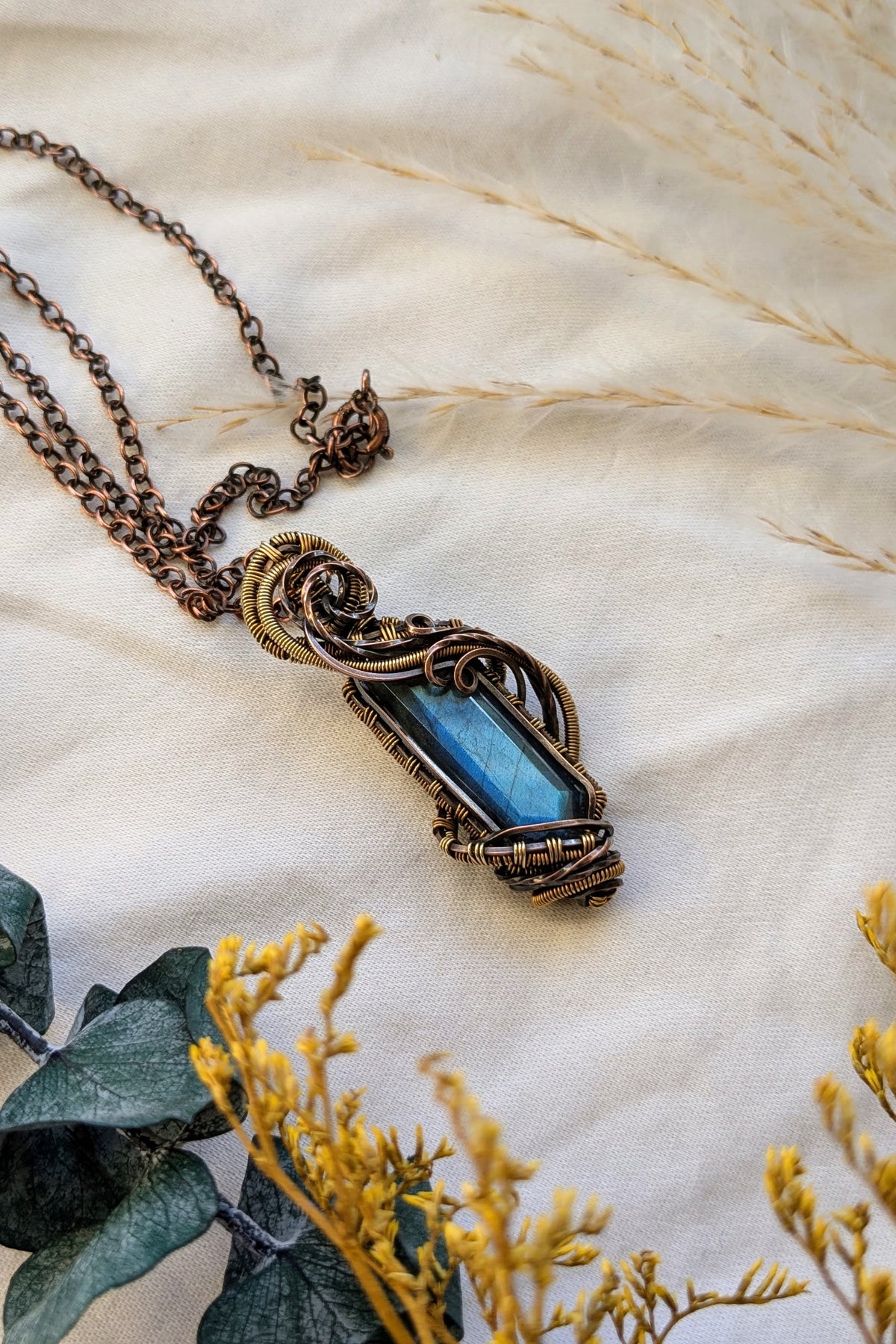 Flowing Labradorite, Copper, and Bronze Wire Wrap Necklace
