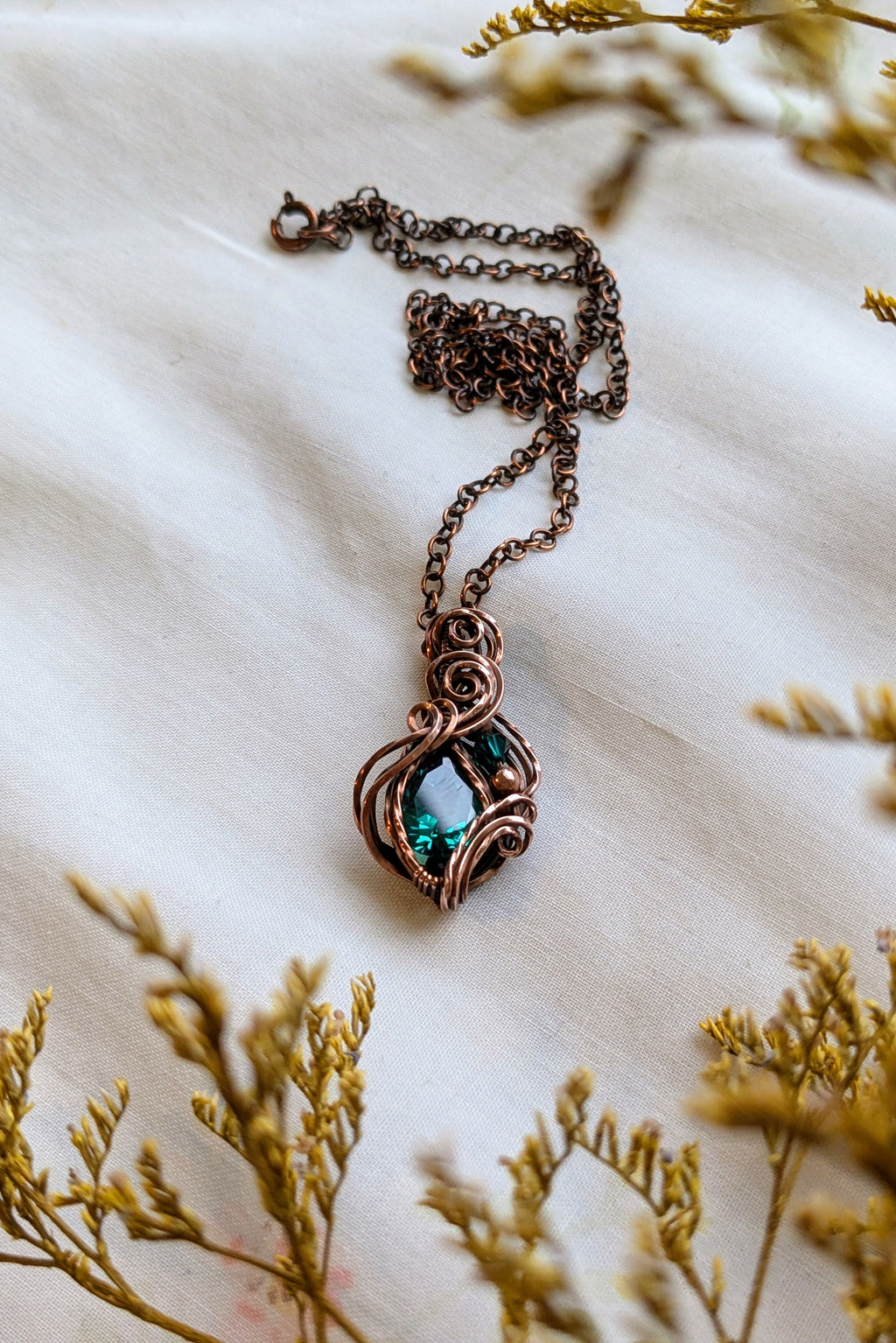 Green Cubic Zirconia and Copper Wire Wrap Necklace