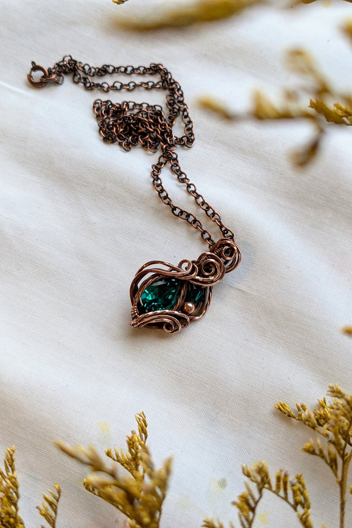 Green Cubic Zirconia and Copper Wire Wrap Necklace