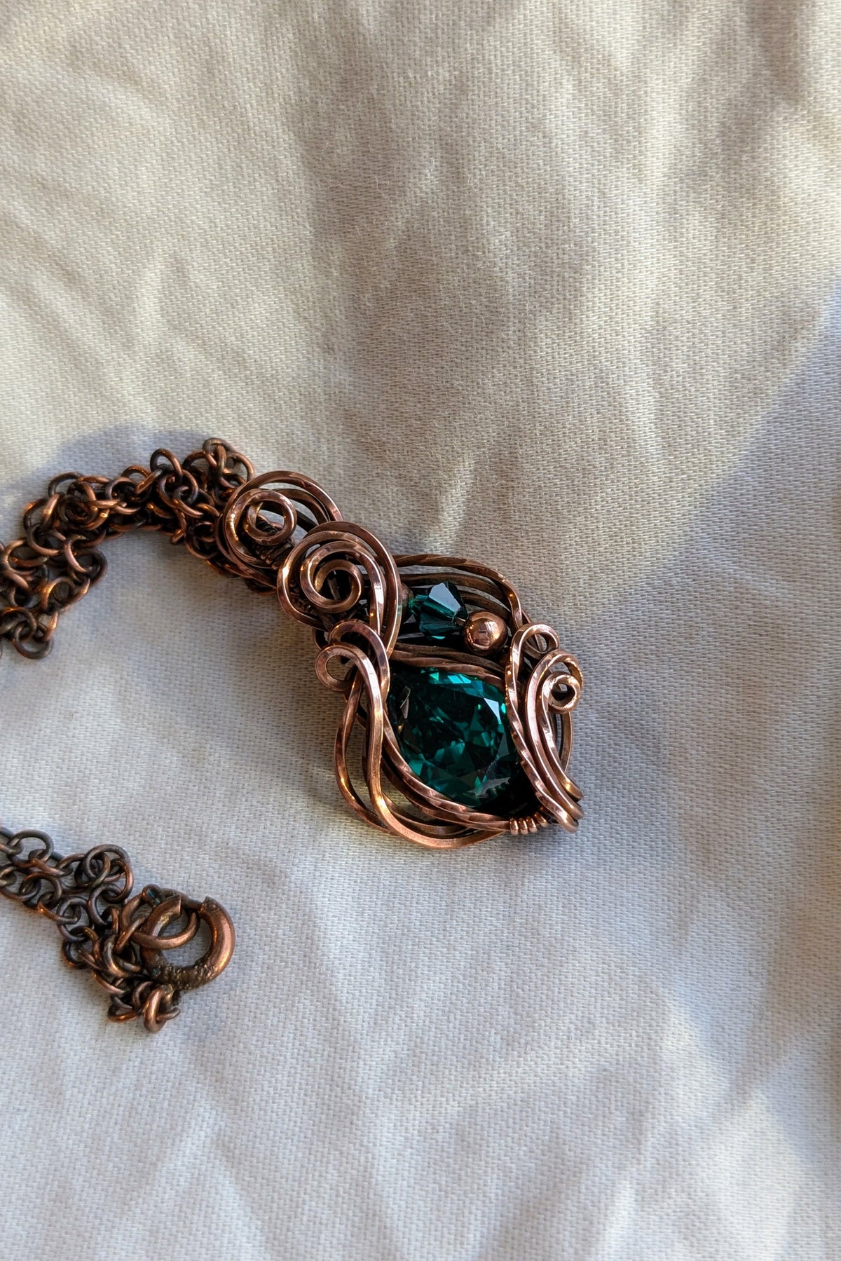 Green Cubic Zirconia and Copper Wire Wrap Necklace